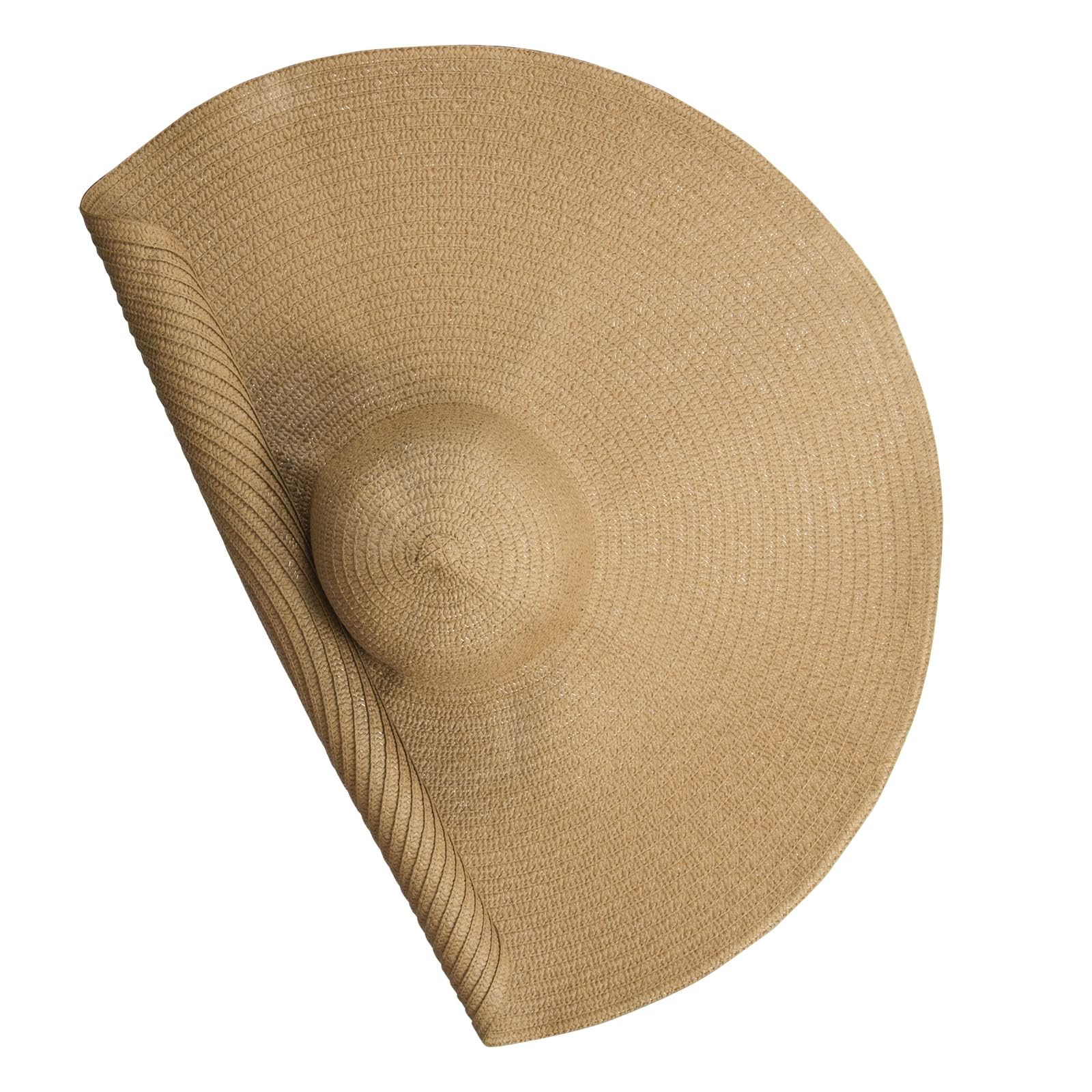 Cappello da Sole Donna, Moda Cappello di Paglia Pieghevole Tesa Larga Sovradimensionato Protezione UV Traspirante Cappelli da Spiaggia per l’Estate Viaggio Cachi