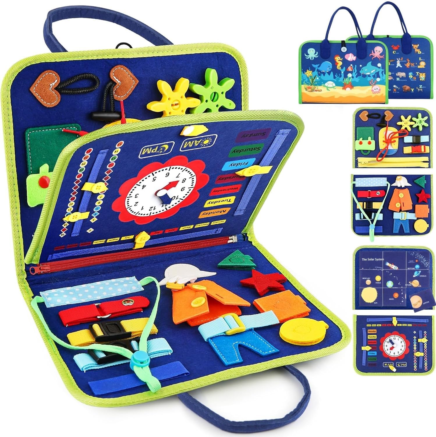 LATERN Busy Board Montessori Toy for Kids 28CM x 21CM Educational Learning Activity Sensory Board Developing Sensory Fine Motor Skills Toy for Boys Girls Gift Plane Car Travel (Blue)
