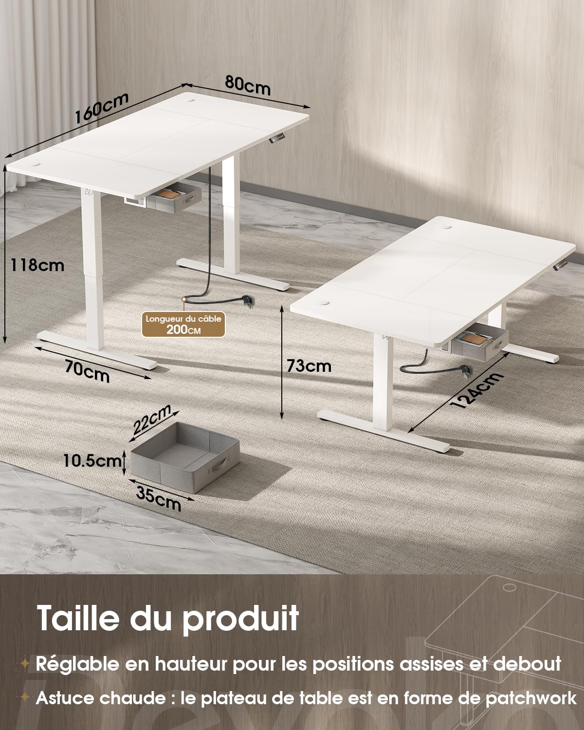 Devoko Höhenverstellbarer Schreibtisch 160x80cm, Schreibtisch Höhenverstellbarer mit Schubladen, USB-A Ladeanschluss, Computertisch mit Kabel Management Tray, Standing Desk mit 3 Memory Funktion Weiß
