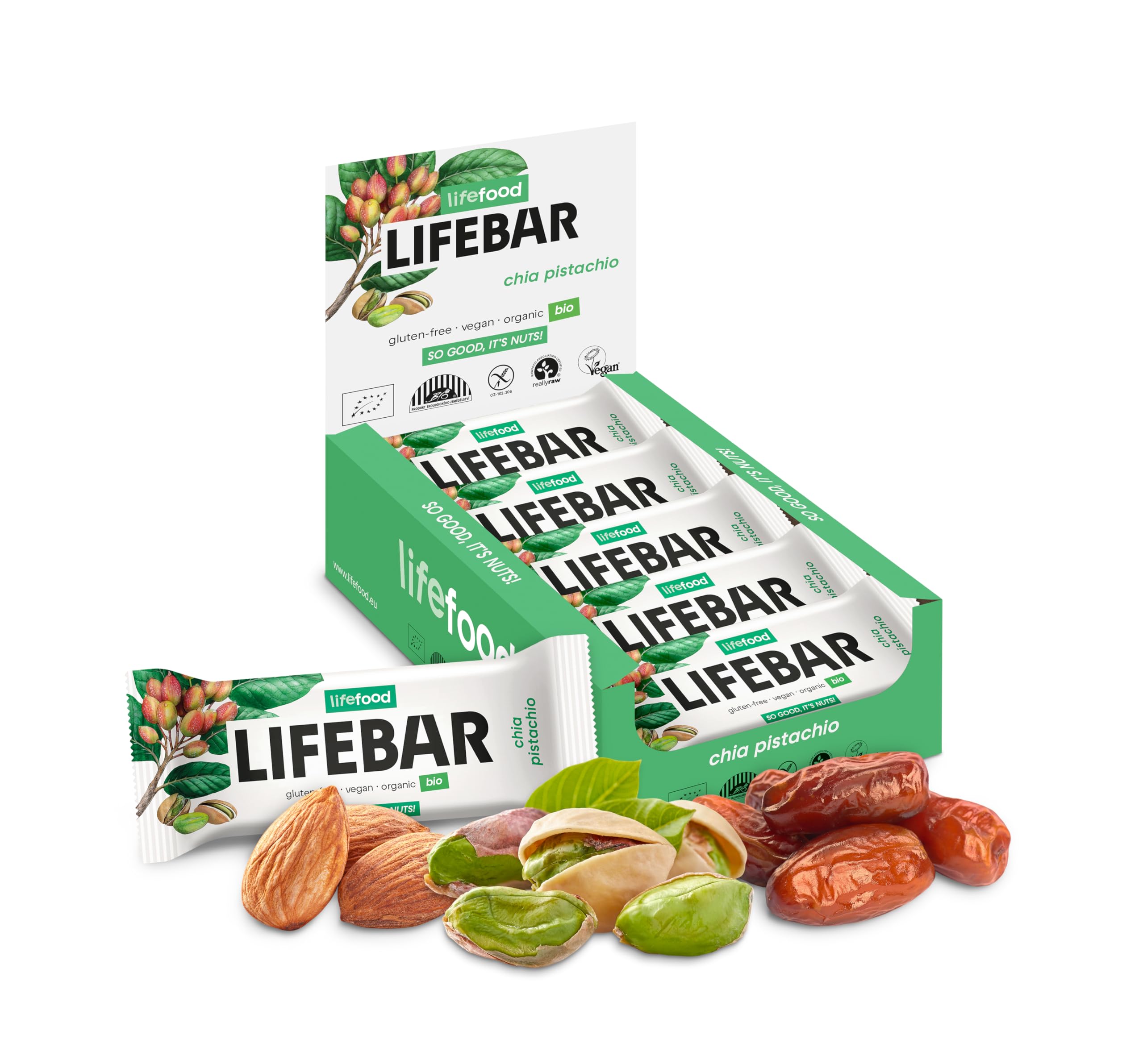 lifefood Lifebar Energieriegel, Vegan Sportriegel, RAW BIO Rohkost, Vegan, Glutenfrei, Laktosefrei,Ohne Zuckerzusatz, Biologisch angebaut - 15er Pack (15 x 40 g) (Chia Pistazie)