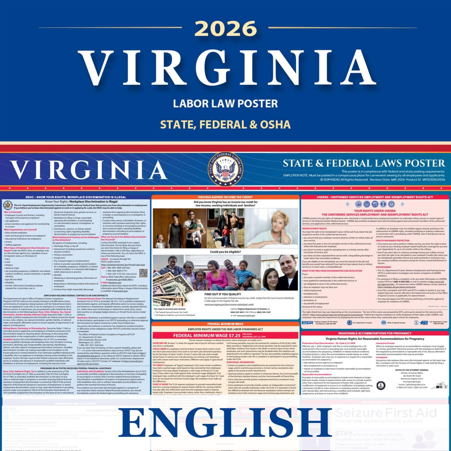 Virginia Department of Labor Poster, State and Federal, OSHA Compliant, Laminated, English 2 Pack (English 2 Pack)