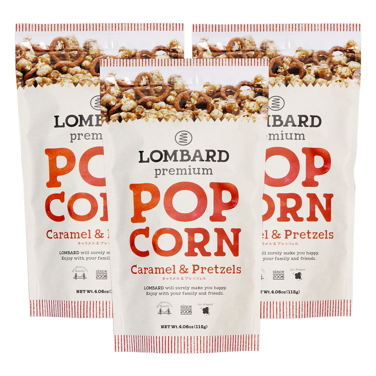 [LOMBARD(ロンバード)] プレミアム ポップコーン キャラメル&プレッツェル 115g ×3袋[ 国産 非遺伝子組換えコーン使用 チャック付き ]