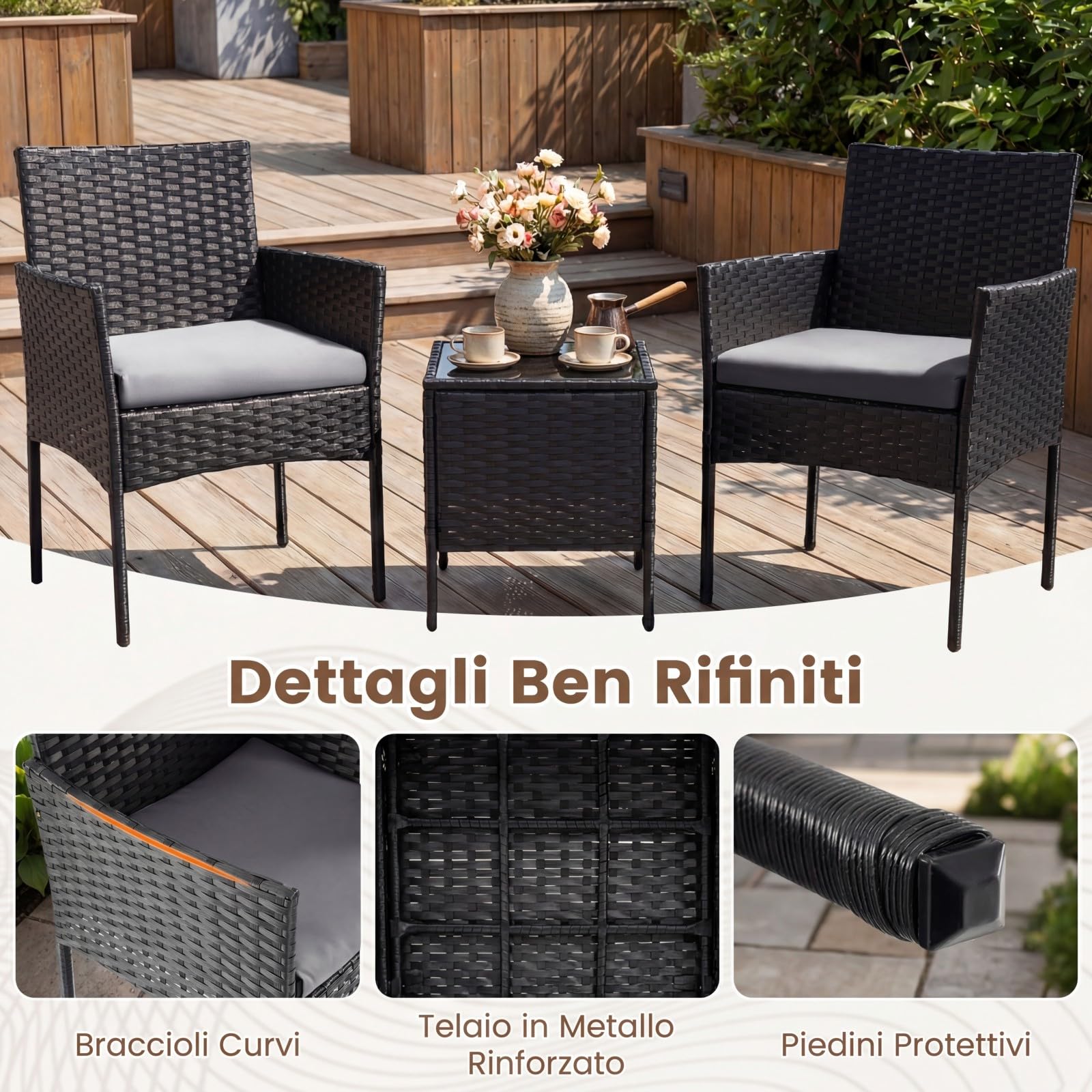COSTWAY Set Salotto da Giardnio 3 Pezzi, Salotto da Esterno in Rattan con Tavolino in Vetro Temperato e 2 Poltrone con Cuscini Rimovibili, Set Mobili per Patio e Balcone (Grigio)