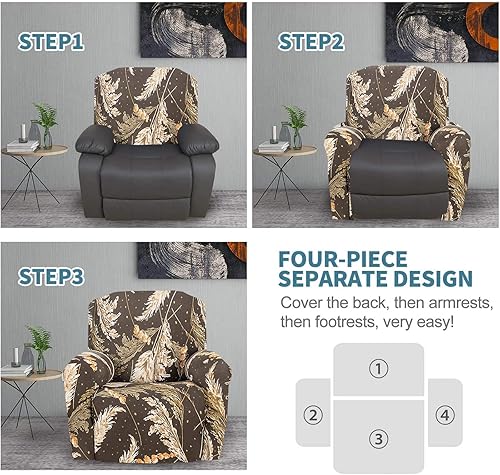 Miniatura 6 de FUANGUI Funda estampada para sillón reclinable de 4 piezas, elástica con bolsillo, funda suave para sofá reclinable, funda antideslizante para sofá