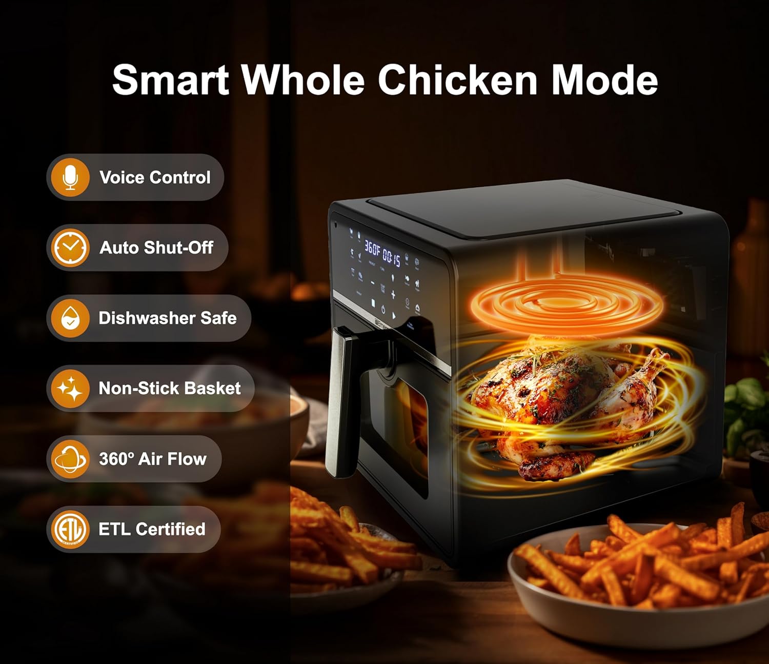 Emerson SmartVoice 10QT 6-in-1 Air Fryer, 1000+ Voice Control Commands, 100+ Recognized Food, No APP, No WIFI, No Setup, Nonstick Basket, Air Fry, Bake, Reheat, Dehydrate, 1700W