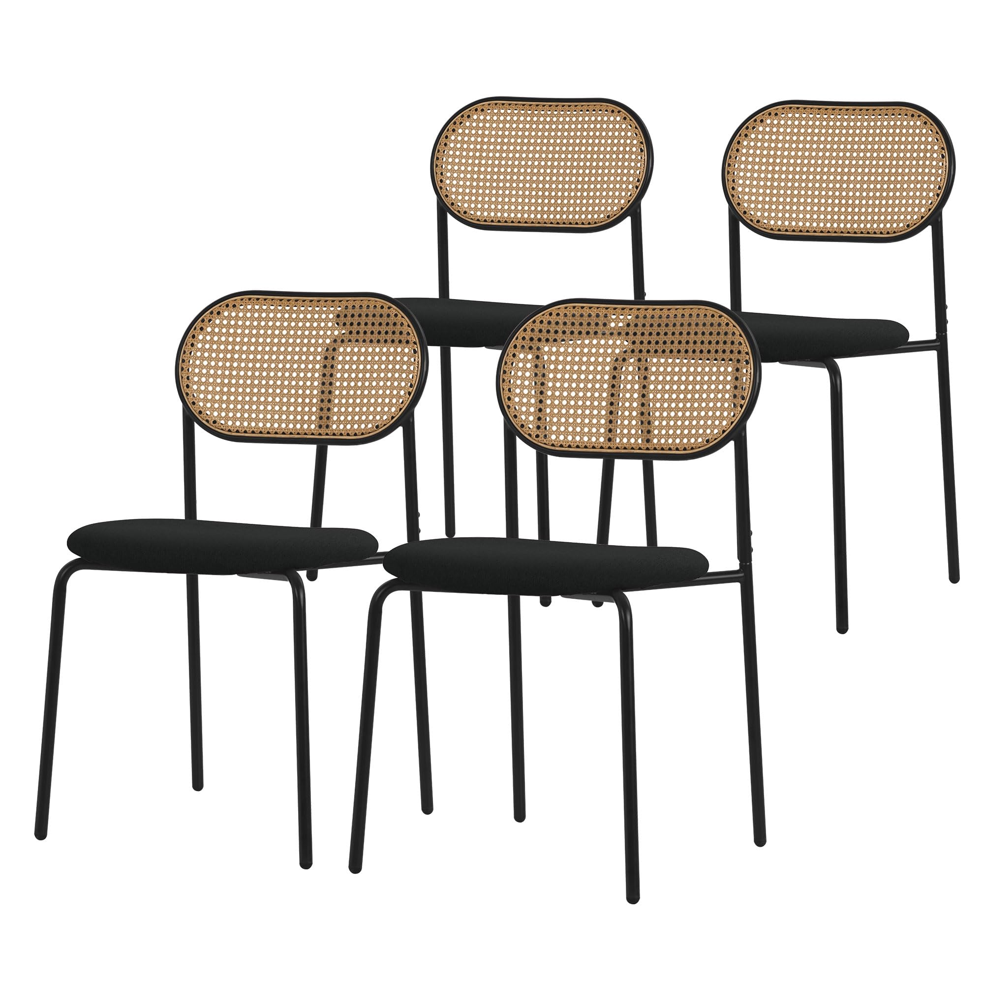 ML-Design Juego de 4 Sillas de Comedor Color Negro Asiento Moderno de Cocina con Respaldo Curvado de Rejilla Tapizado con Patas de Metal, Mueble sin Reposabrazos Sillón Ratán Moderno para Salón