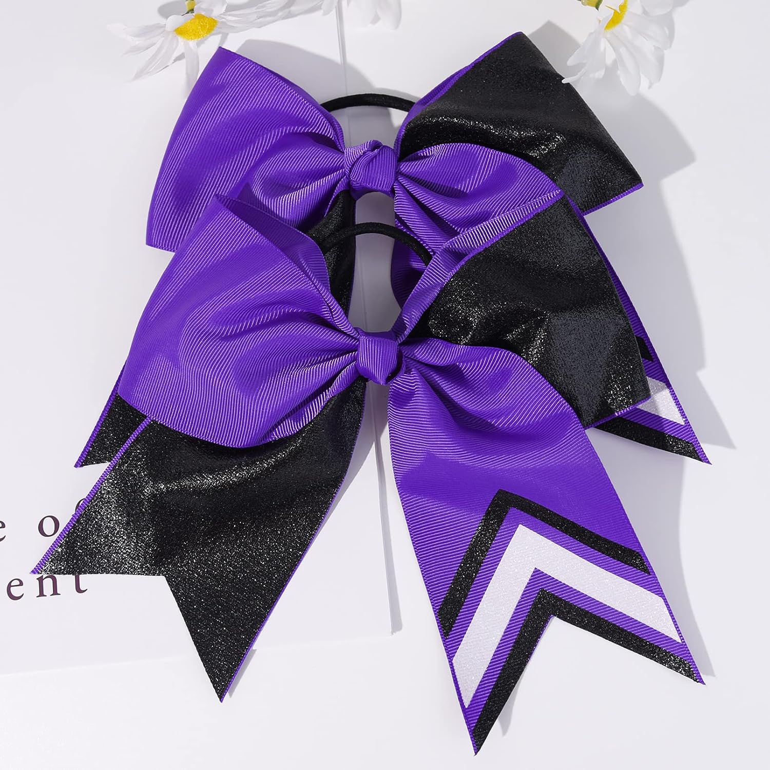 DEEKA 8PCS 8" Two Toned Large Glitter Cheer Bows Shiny Cheer Hair Bows Ponytail Holder Handmade for Cheerleader Girls Softball Sports -g Black/Purple