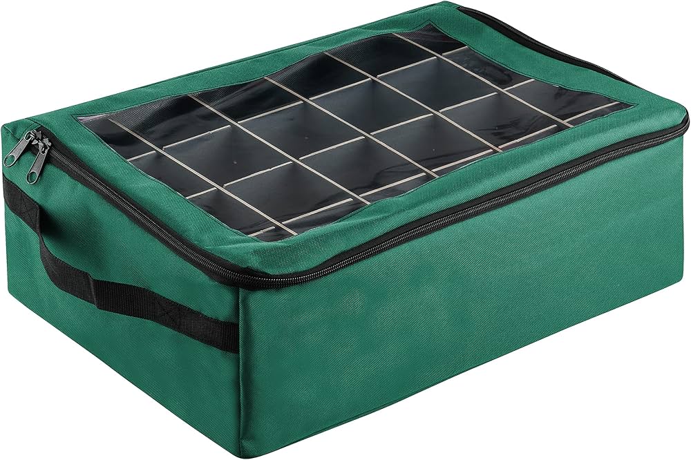 Ornament Storage Box - Zippered Organizer with 48 Individual Compartments and Dividers for Christmas Bulbs and Decorations by Tiny Tim Totes (Green)