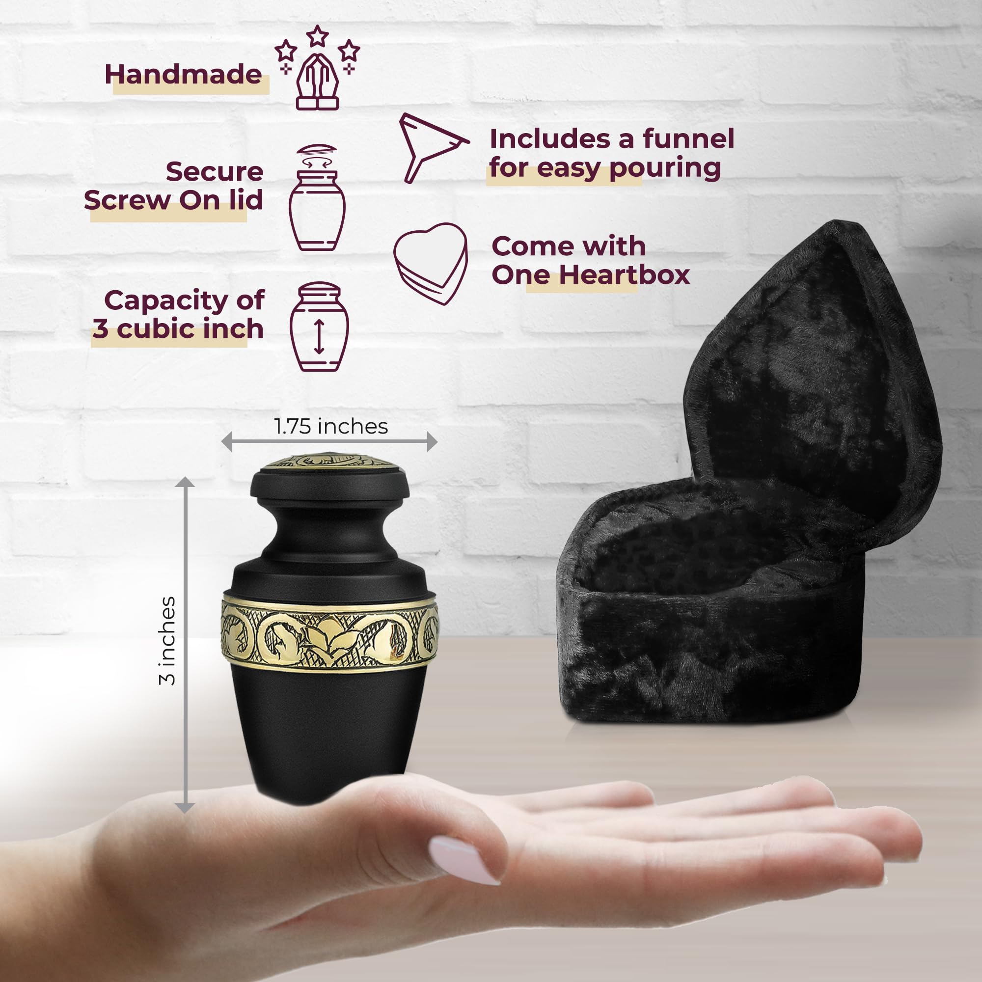 Trupoint Memorials Small Urns for Human Ashes Keepsake, Decorative Mini Cremation Urn for Adult Men and Women, Small Grecian Black with Velvet Heart Box