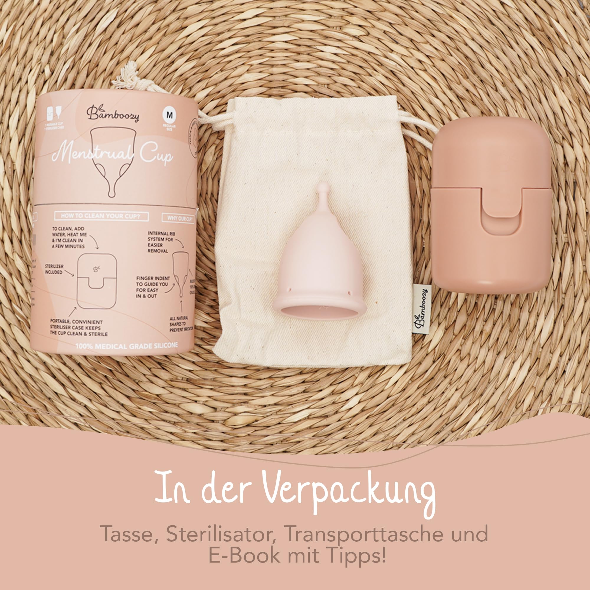 Bamboozy Luxus Menstruationstasse mit Sterilisator (M) - Wiederverwendbare Menstruationstasse aus Medizinischem Silikon - Bis zu 12 Stunden Schutz - Nachhaltig, Plastikfrei, ohne BPA