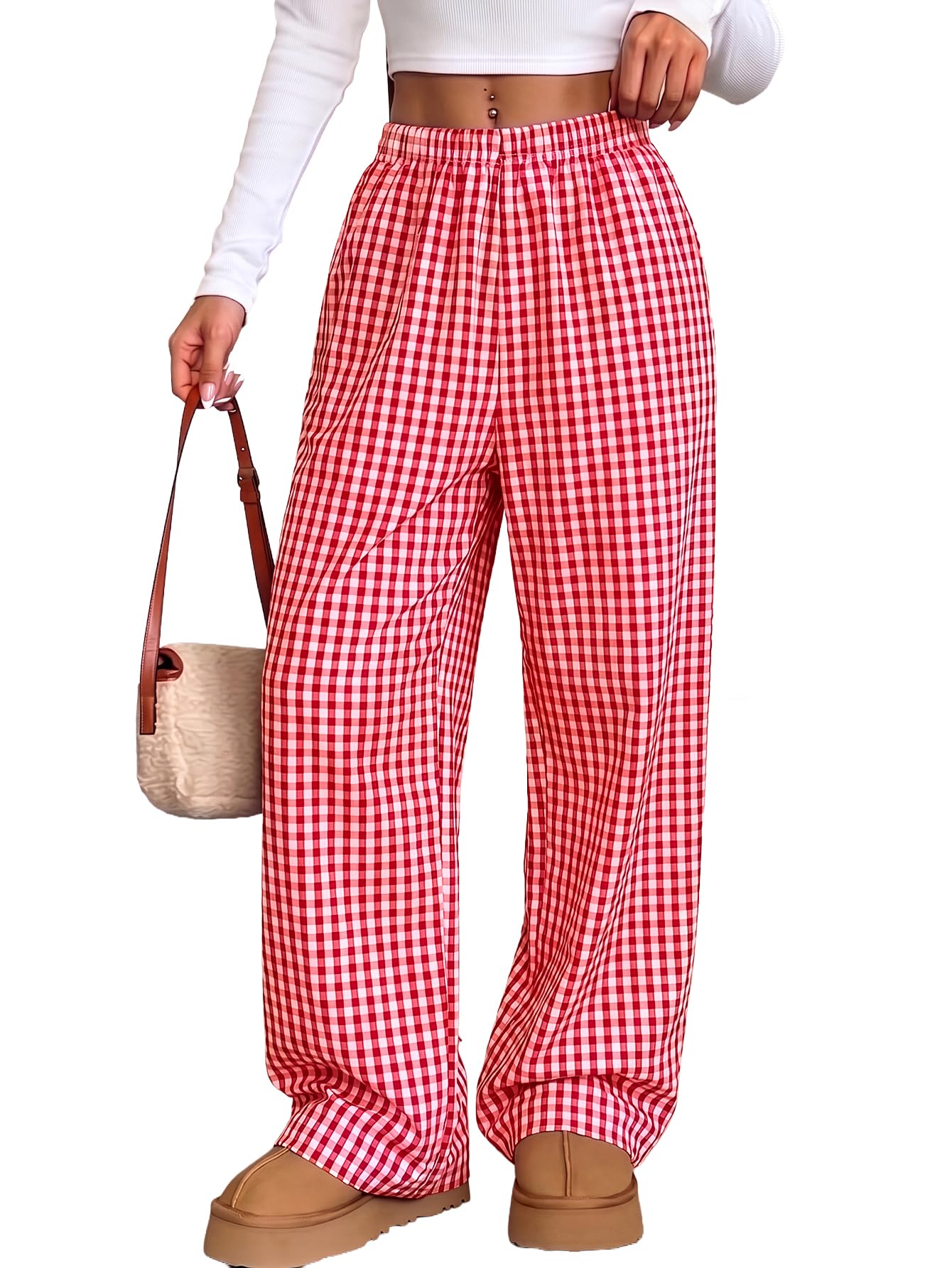 aahwan Gingham Checks Elastic High Waisted Straight Leg Plazzo Pants for Women's & Girl's-picture-24