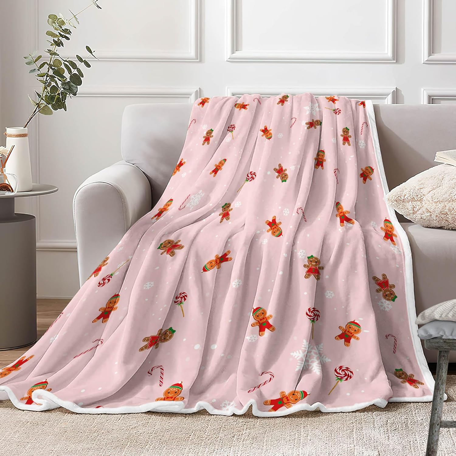 Pink Christmas Gingerbread Throw Blanket, Gingerbread Man Candy Cane Blanket Xmas Winter Flannel Warm Throw Blankets Soft Cozy Decorative for Christmas Home Bed Sofa Couch Decor, 60 x 90 Inch