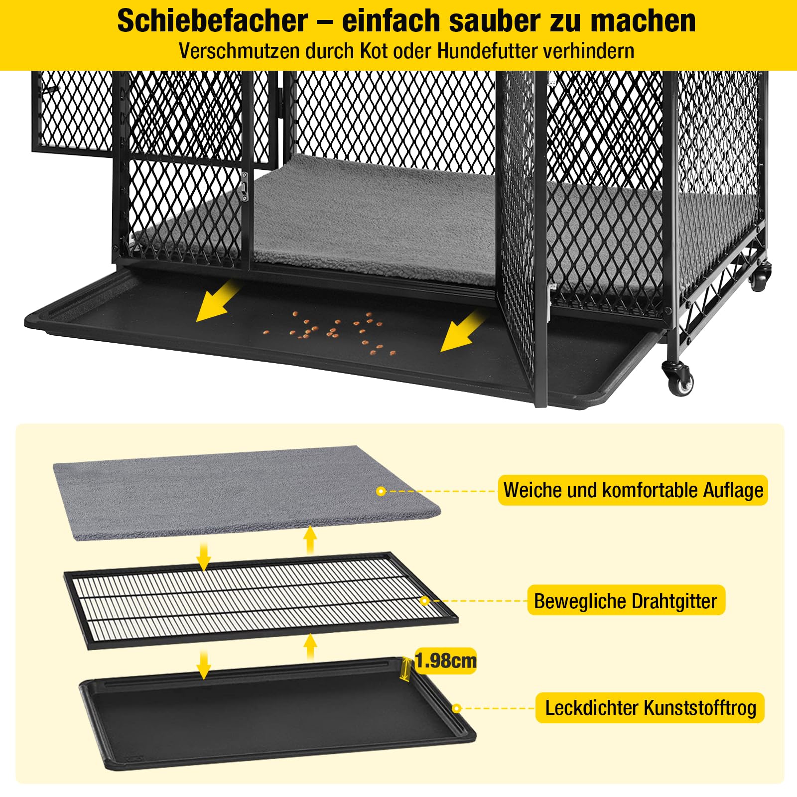 Aivituvin Hundekäfig Möbel, große Bewegliche hundebox für zuhause, Indoor Hundekennel für kleine, mittlere und große Hunde, Holzhundehaus mit Kissen, Ablagetrog und Drahtboden (schwarz, XL)