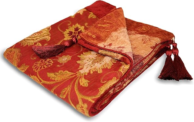 Riva Paoletti Zurich Throw - Burgundy Red - Decorative Floral Jacquard Design - Tasselled - Heavyweight - 100% Polyester - 150 x 180cm (59" x 71" inches) - Designed in the UK