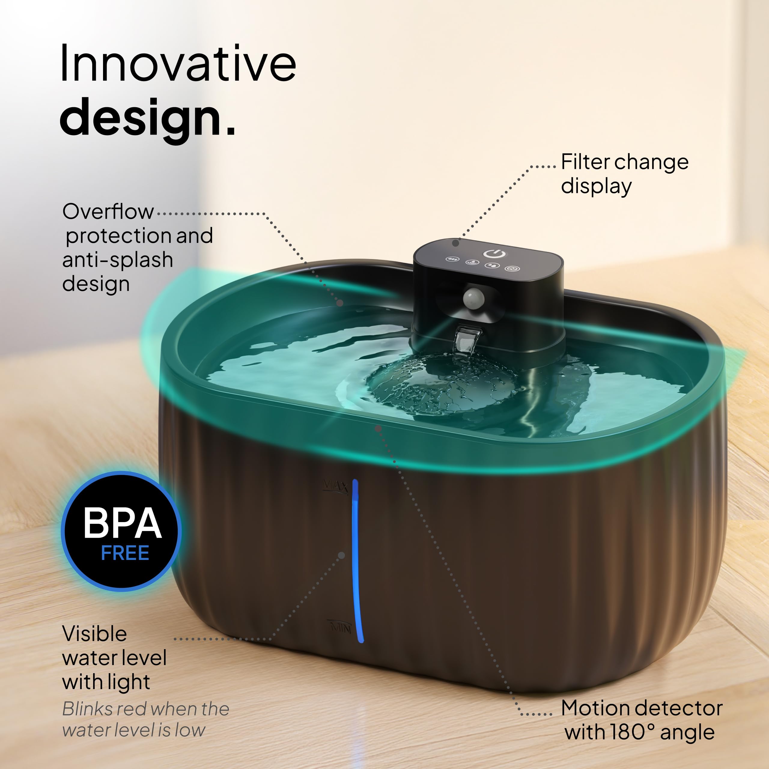 Pretty Paw Fontanna Bezprzewodowa dla Kota 3L z Filtrem i Czujnikiem Ruchu - Ciche Poidło do Świeżej Wody, 3 Tryby Pracy, Akumulatorowe i Ładowane przez USB - Aqua Sense (Czarny)
