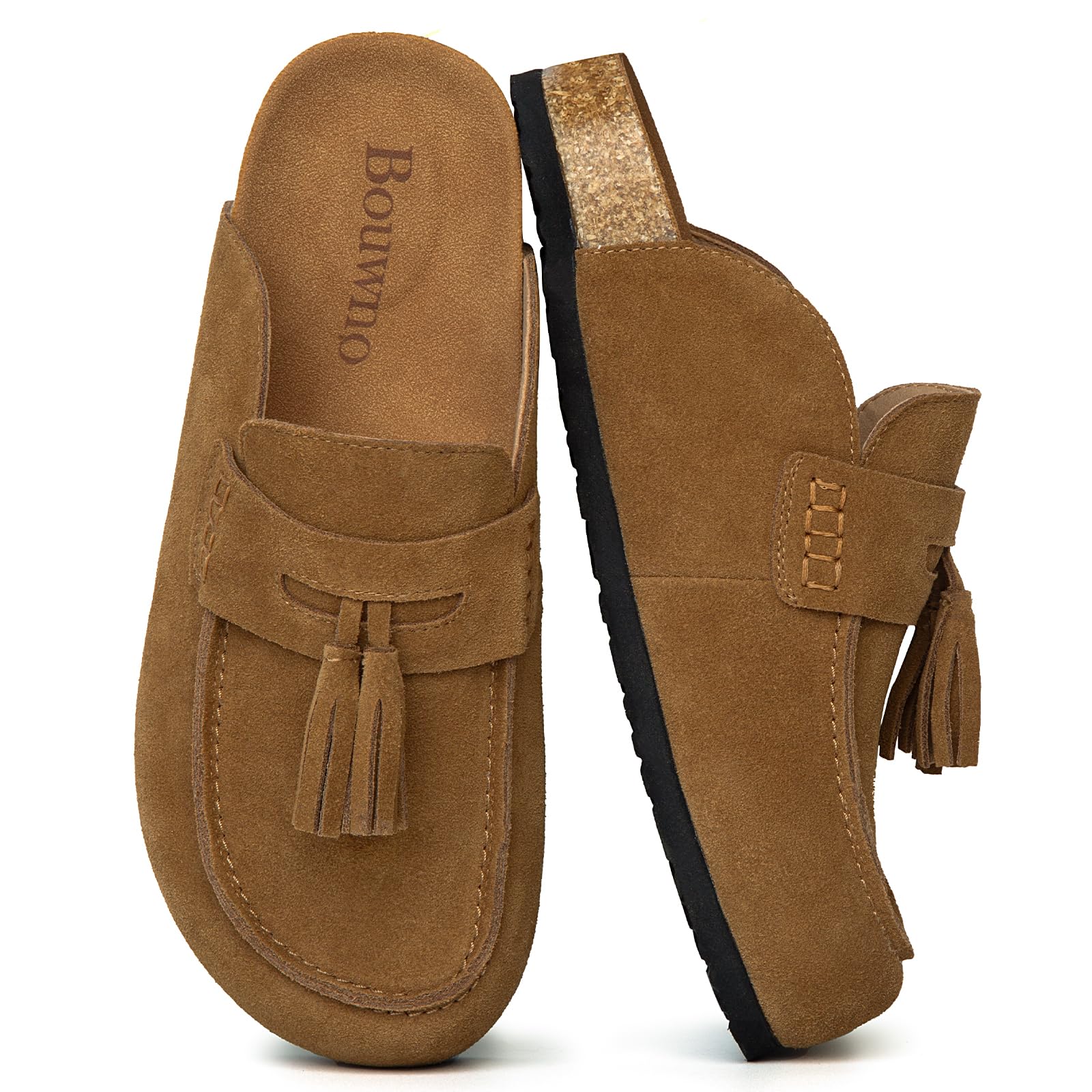 Suede Clogs for Women Genuine Leather Mules with Tassel Fringe Comfort Cork Footbed Women's Slip On Casual Shoes Closed Round Toe Slides with Arch Support-image-49