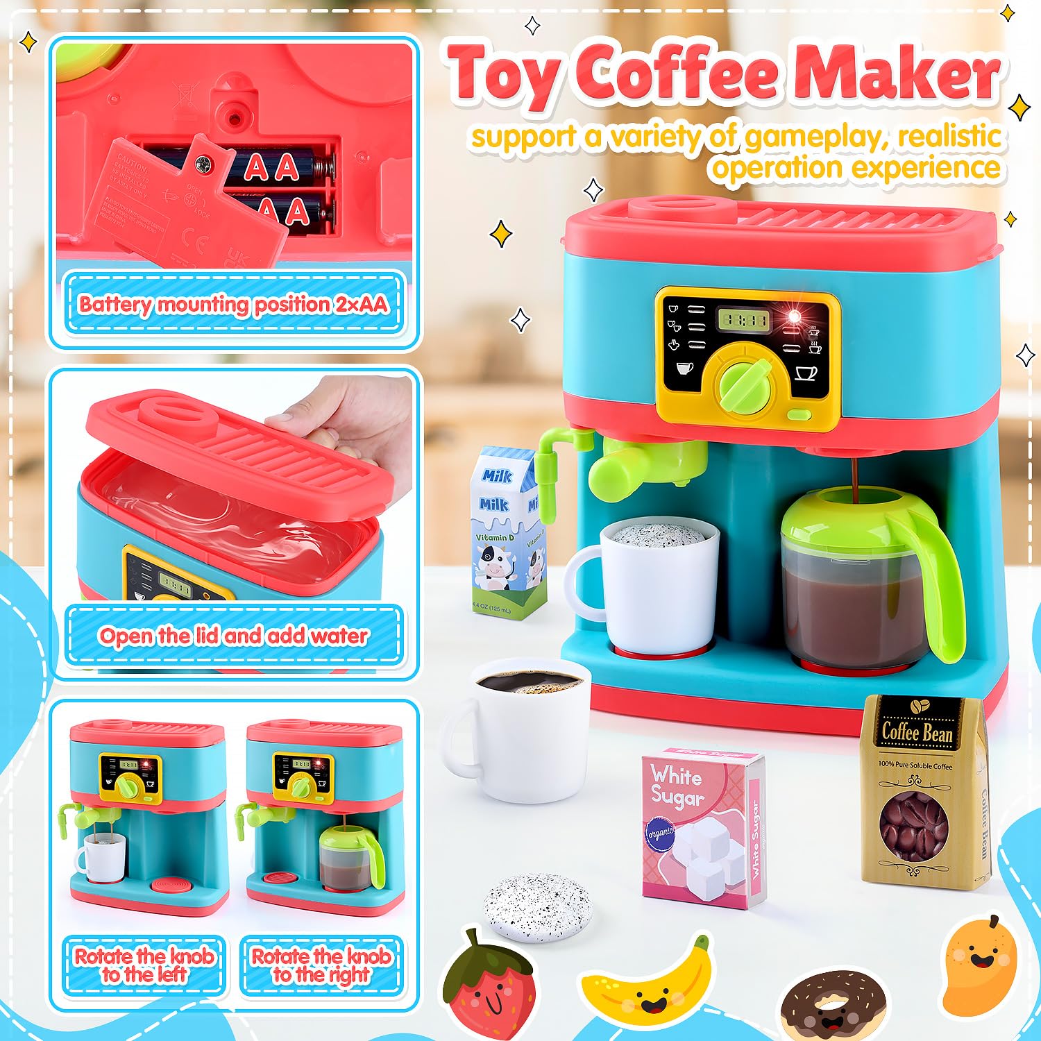 Juego de electrodomésticos de cocina, juego de cocina para niños con cafetera, licuadora de juguetes y alimentos de juego, con luces y sonidos realistas, accesorios de cocina de juguete, regalo 3