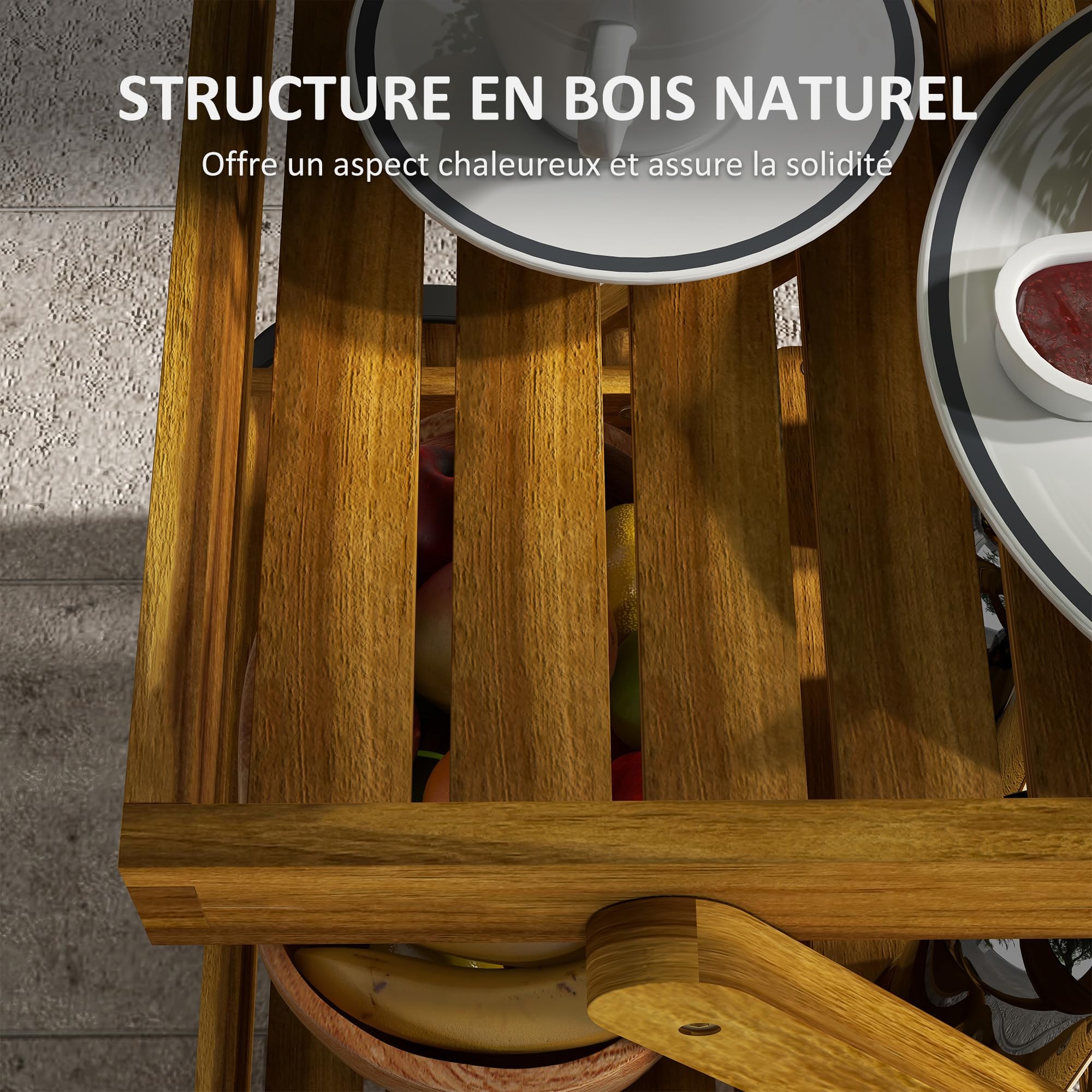 Outsunny Desserte de Jardin Chariot pour Barbecue en Bois avec 2 Plateaux, 3 casiers à Bouteilles et 2 Roues 52L x 71l x 74H cm Bois Naturel