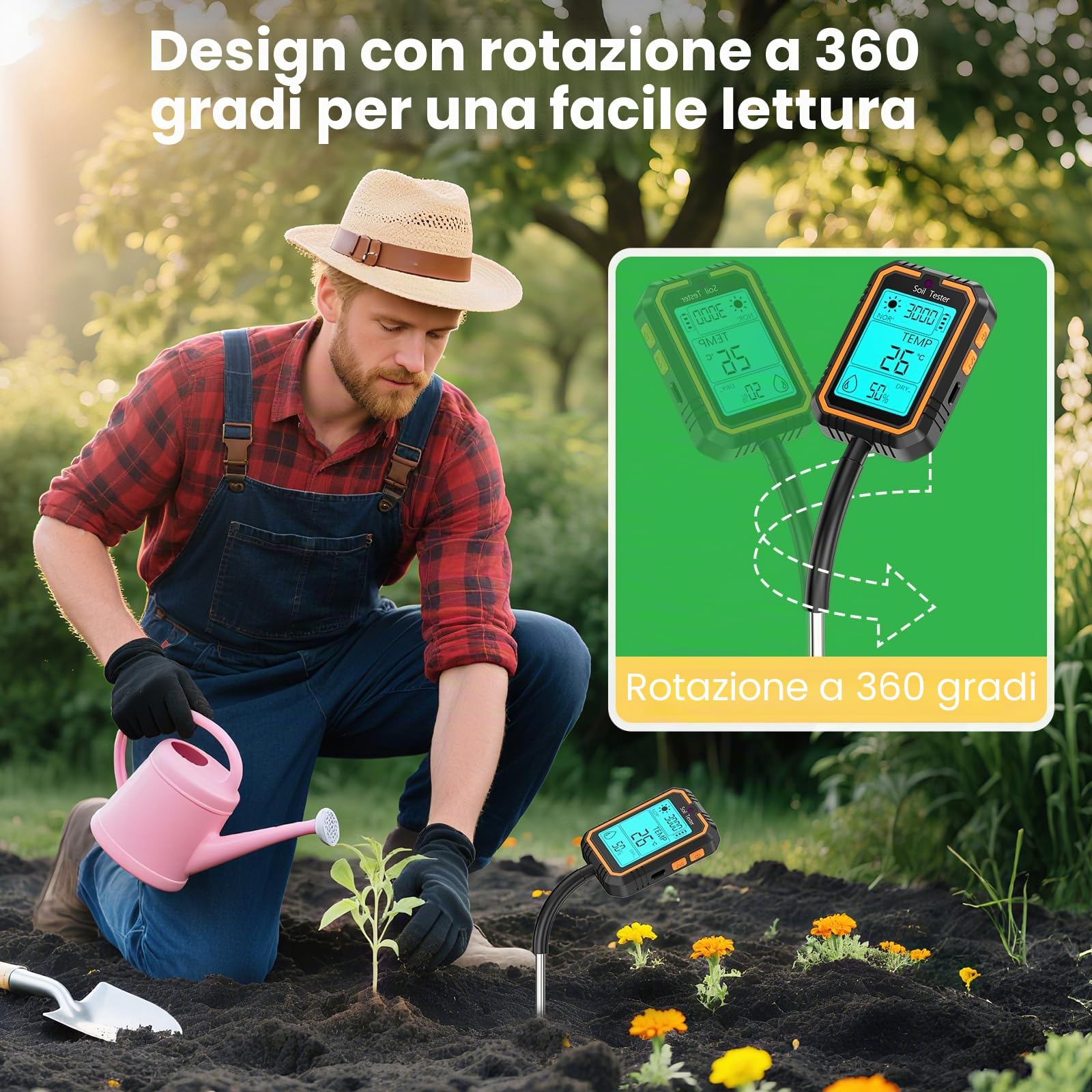 4 in 1 Misuratore di PH del Terreno Igrometro per Piante Ricaricabile per PH/umidità/Temperatura/Intensità con LCD retroilluminato Compatibile con Giardinaggio/Piante in Vaso/Fattoria