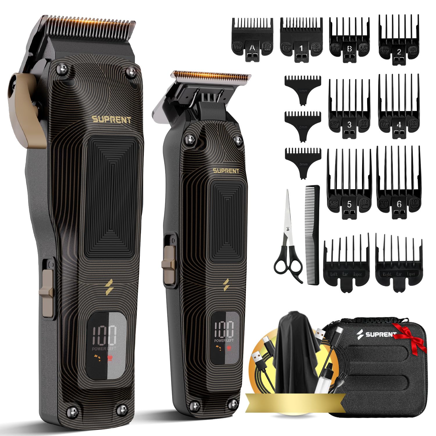 SUPRENT Professionelle Haarschneider Herren, Kabelloser Friseursatz mit 7500 U/min Motor, Spaltlos Einstellbare Klingen, Schwarze Code-Aufsteckkämme & Tasche, Schwarz-Gold