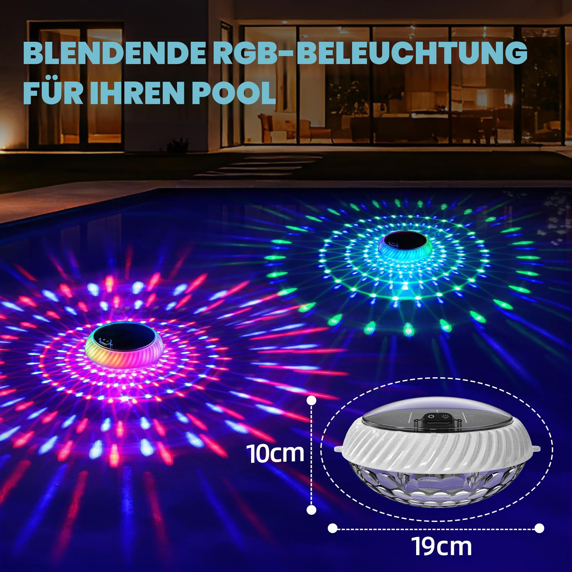 AearKing Poolbeleuchtung Schwimmende, RGB Pool Lichter Schwimmend Solar mit Fernbedienung, Pool Beleuchtung mit Lichtershow, IP68 wasserdichte Whirlpool Lichter Unterwasser LED für Pools – 2 Stück