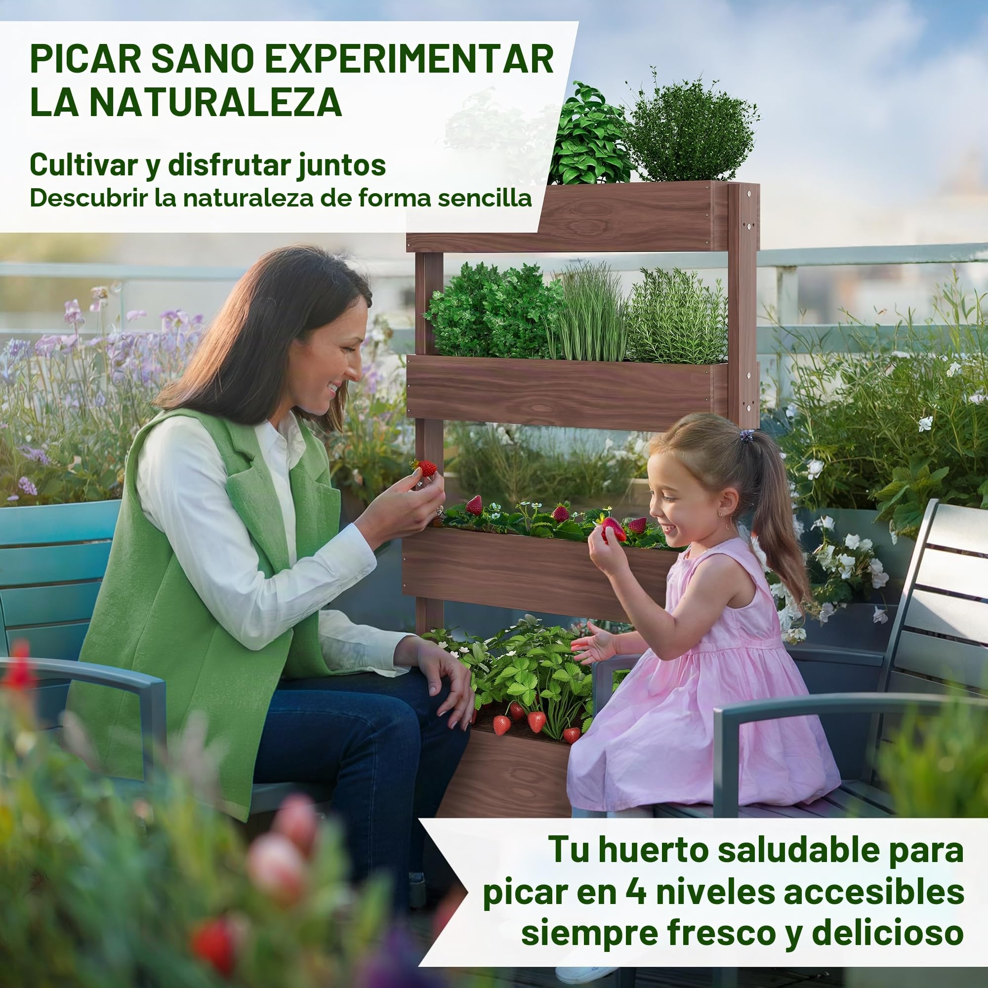 TTL GARDEN Jardinera vertical de 4 pisos de madera 140x85x45cm marrón - Jardinera vertical y maceta elevada para hierbas con 4 pisos y película - Madera de abeto resistente a la intemperie - Maceta