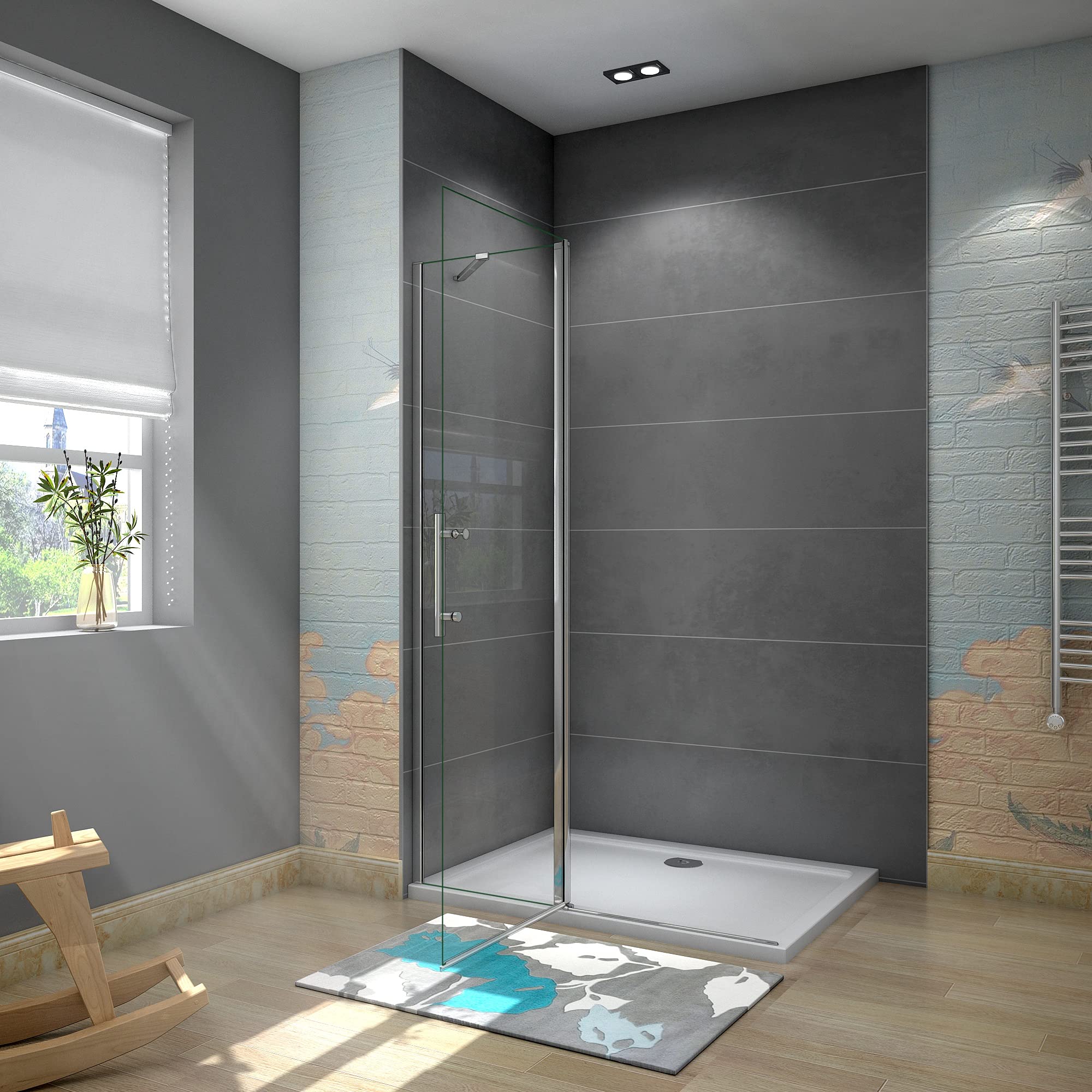 WALK IN Parete Doccia 75x195cm Paretina Fissa + Mobile vetro 6mm | Anticalcare, Trasparente Vetro Temperato, Cromato Lucido Telaio