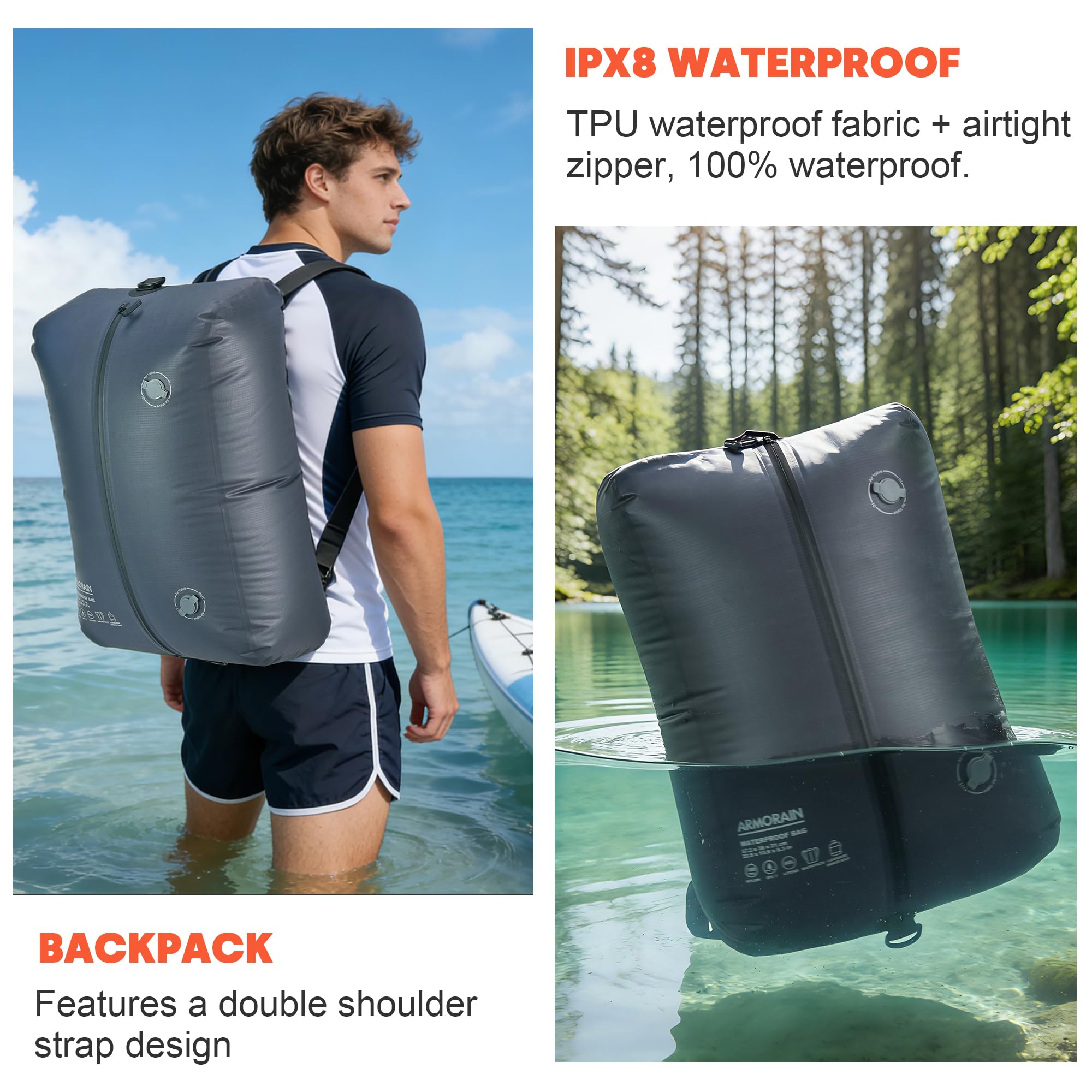 Sacchetti Sottovuoto da Viaggio, Zaino, impermeabili IPX7 Riutilizzabili a Compressione per Viaggi, zaini e Valigie, Conservazione Domestica Sacchetti ermetici per indumenti (40L)