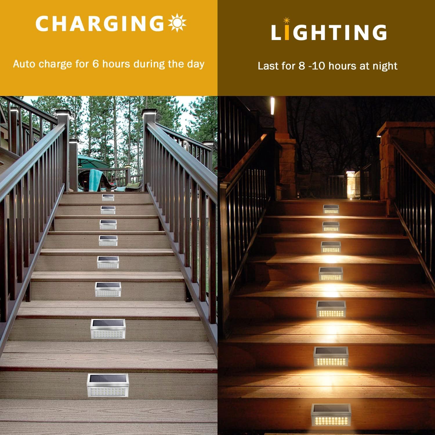 JACKYLED 30 LED Solar Deck Step Lights Outdoor, 10 Pack Outdoor Stainless Steel Solar Stair Lights with 1600mAh Larger Battery Capacity Waterproof Fence Garden Lighting for Dock Patio Wall Porch