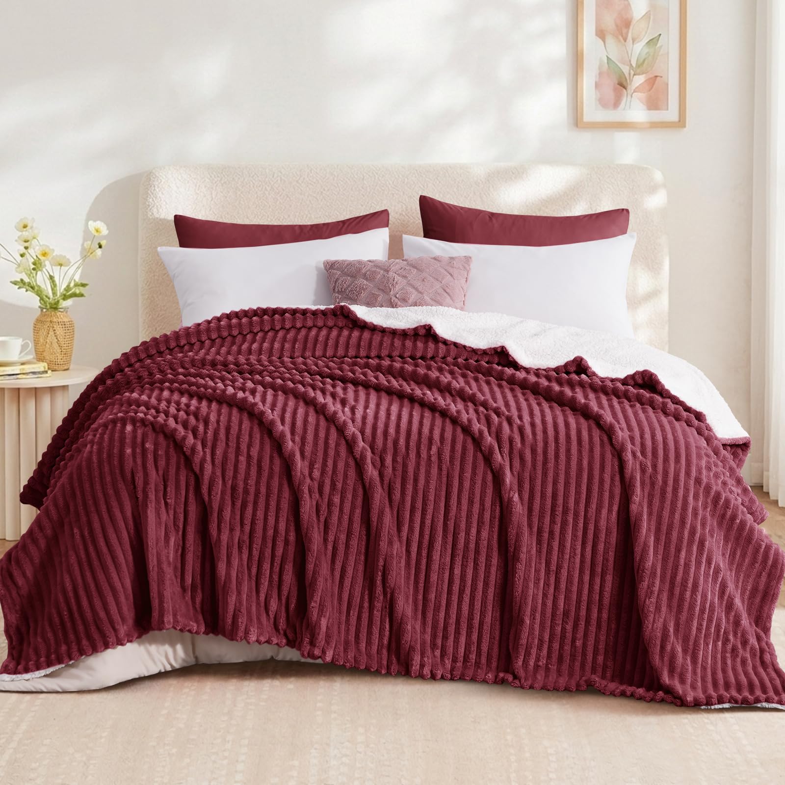Aisbo Sherpa Fleece Throws for Sofas KingSize - Fluffy Bed Blanket,Burgundy — image 1