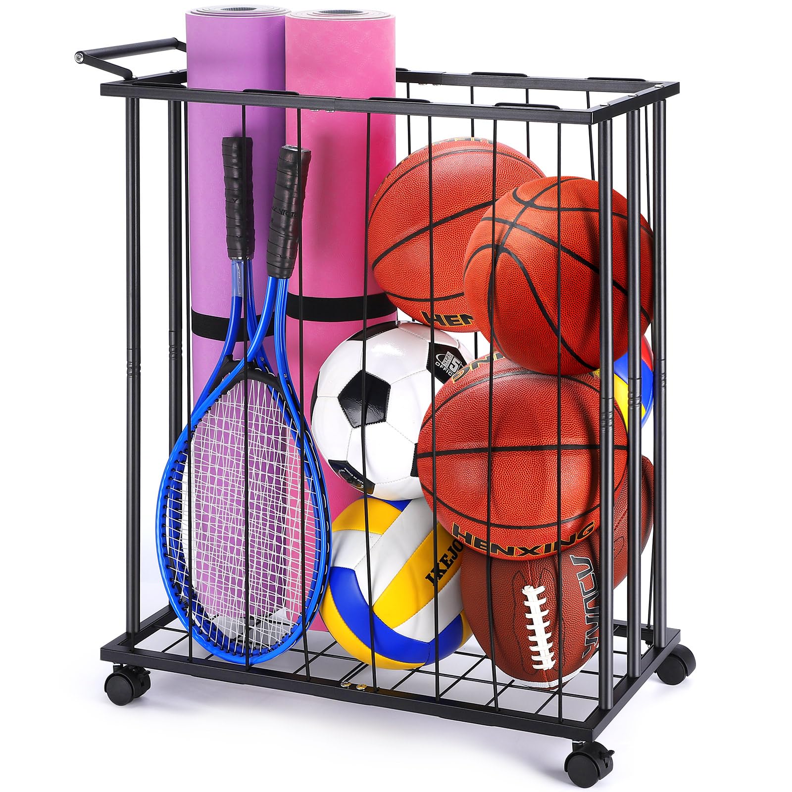 TOBWOLF Garage Veranstalter Ballständer, Ballaufbewahrung Outdoor mit Rädern, Abnehmbares Ball Aufbewahrung, Basketball Halter für Basketball, Fußball, Football, Volleyball