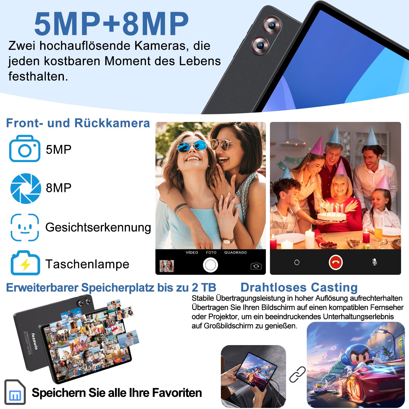 fezawio 10,1 Zoll Android 15 Gaming Tablet Gemini AI 30GB RAM +128GB ROM, Octa-Core 8000mAh, WiFi6, Widevine L1, GMS, 3.5mm Audio, GPS, Face ID mit Tastatur, Maus und Schutzhülle, Grau
