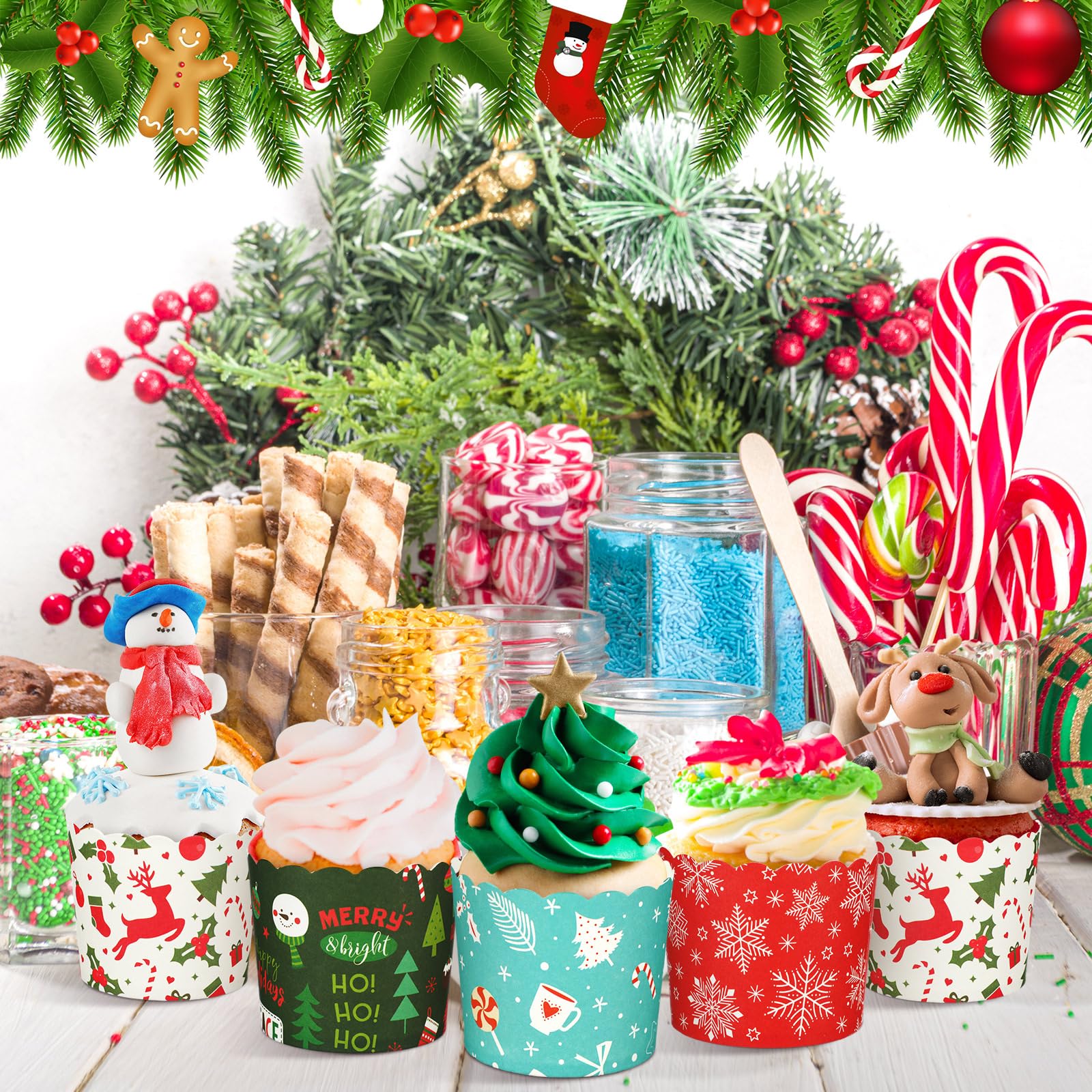 Uiifan 200 tazas de papel para hornear magdalenas de 6 onzas, tazas de papel para hornear a prueba de grasa, vasos de papel para magdalenas de Navidad, 4 estilos, taza de papel para hornear de