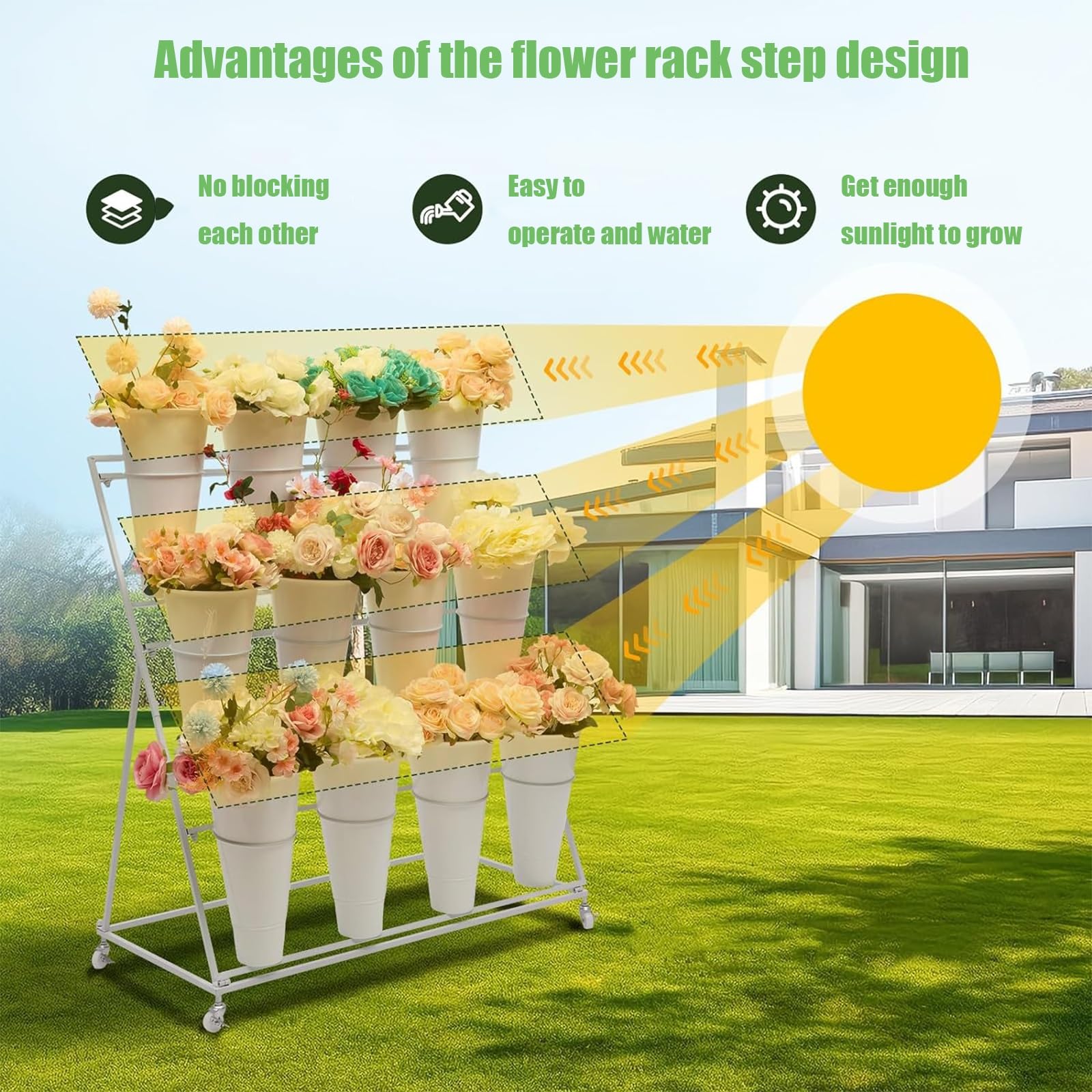 Espositore per fiori in metallo con ruote, scaffale floreale a 3 livelli per piante a 12 secchi, ideale per giardino, patio, eventi, matrimoni e vetrine di decorazioni per la casa