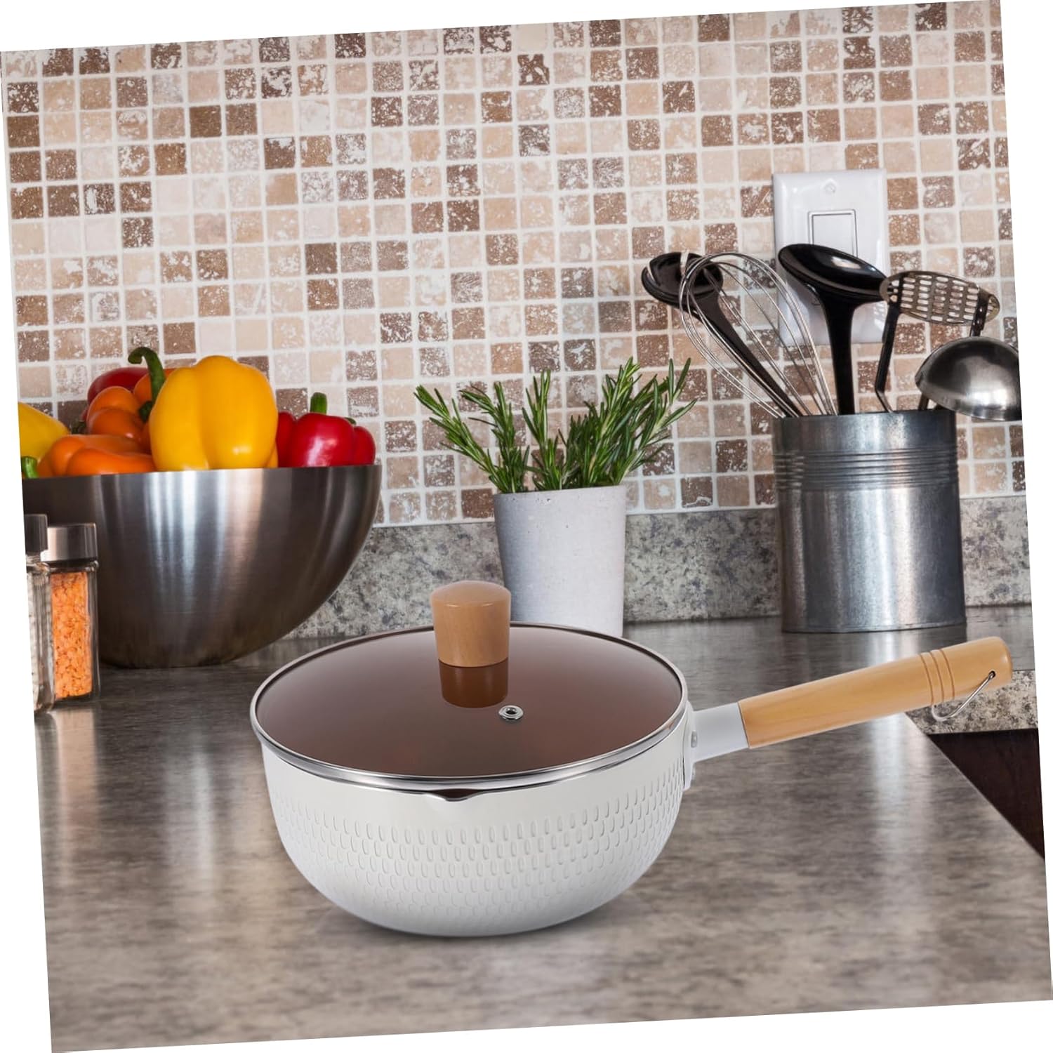 Nonstick Milk Pot with Handle Maifan Stone Saucepan with Lid for Stovetop Cooking for Pasta Eggs and Everyday Kitchen Use