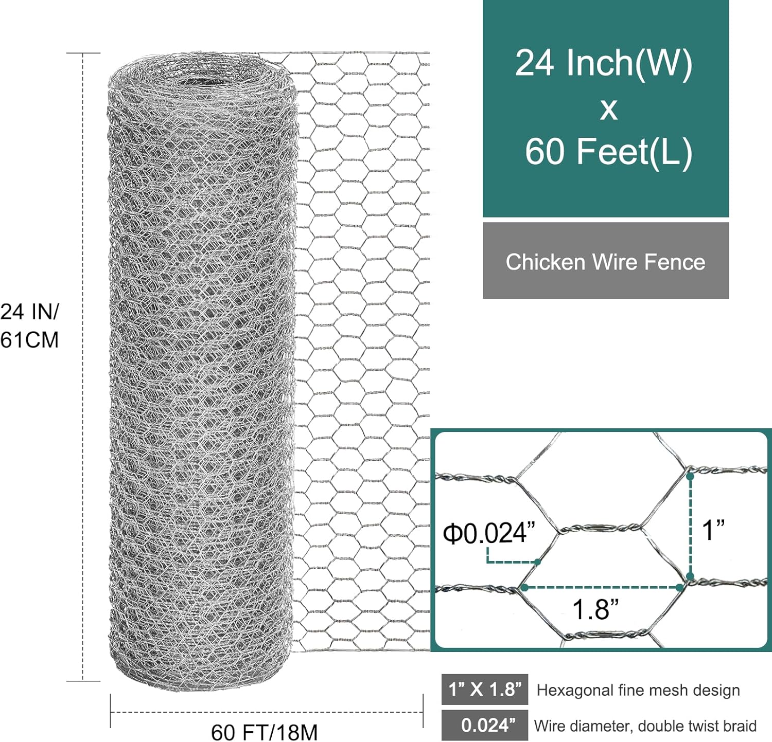 Chicken Wire Fencing, 24 Inch x 60 Feet Chicken Wire Mesh Roll for Garden Plants, 1 Inch Mesh Hexagonal Galvanized Metal Poultry Wire Netting for Chicken Coop Rabbit Dogs Barrier