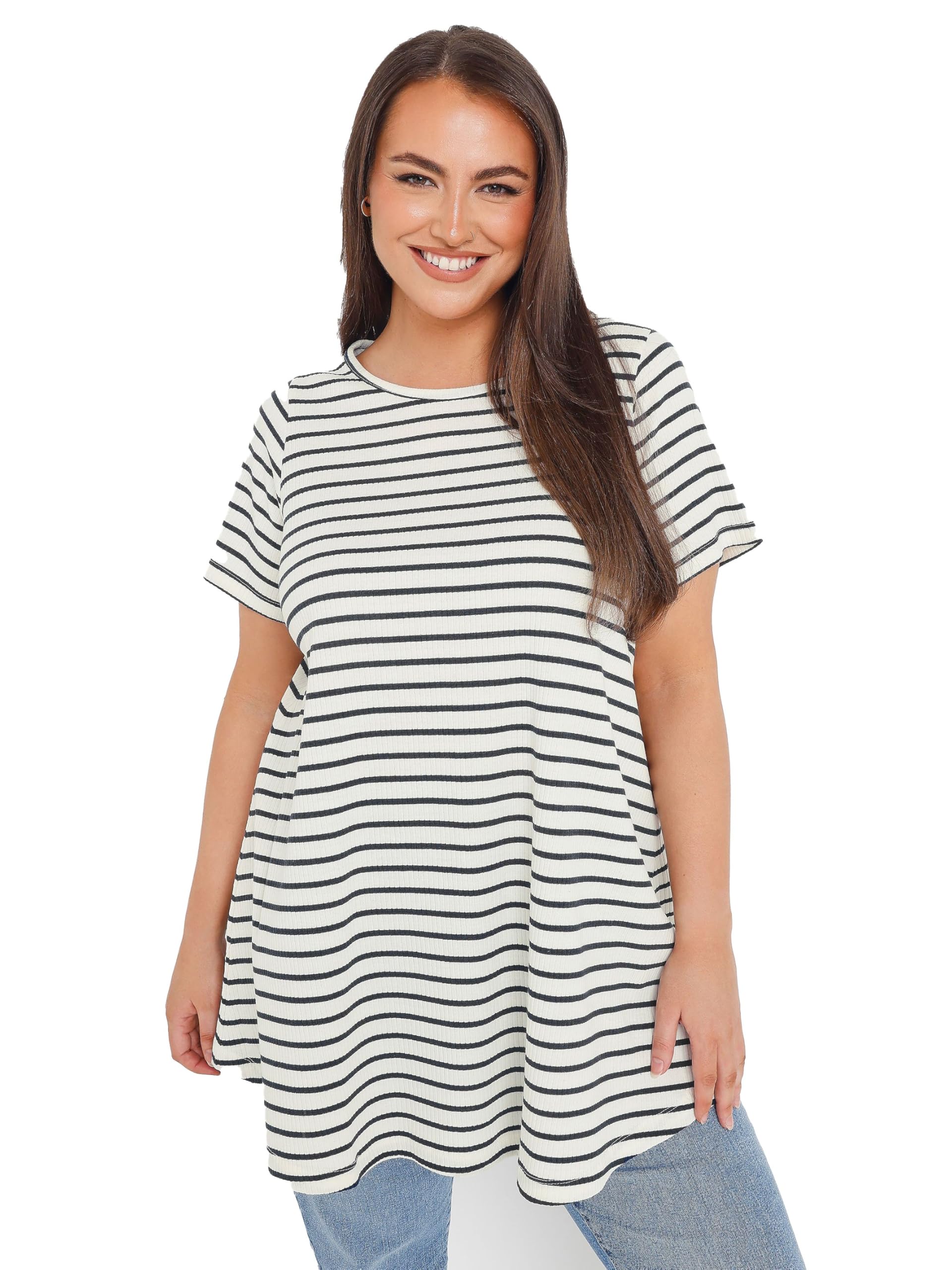 Yours Curve Striped Ribbed Swing Top - Women's - Plus Size Curve White