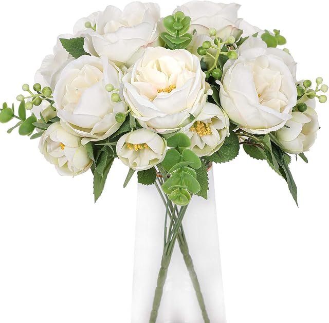 Nubry Artificial Flowers 2 Bunches Fake Peony Silk Flowers Arrangements with Eucalyptus Leaves Faux Realistic Bouquet for Wedding Decoration Home Table Centerpiece (Cream White)