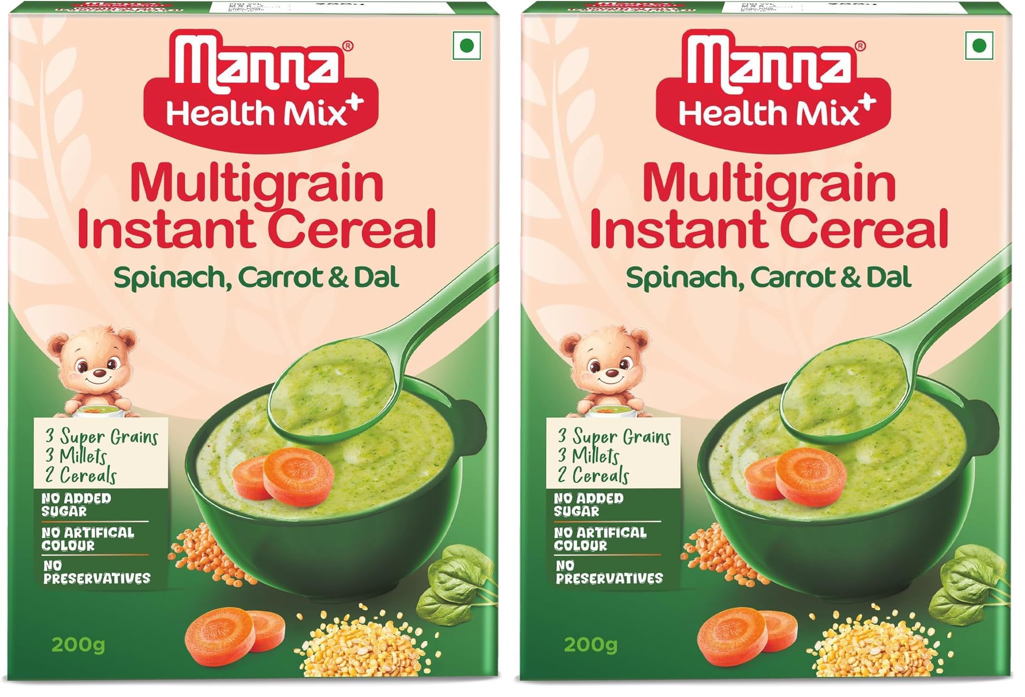 Manna Health Mix Instant Multigrain Cereal, Spinach, Carrot, Dal with Milk. Made with Real Vegetables and 8 super grains and millets. No Added Sugar, No Artificial Color, Flavors 200g (Pack of 2)-picture-26