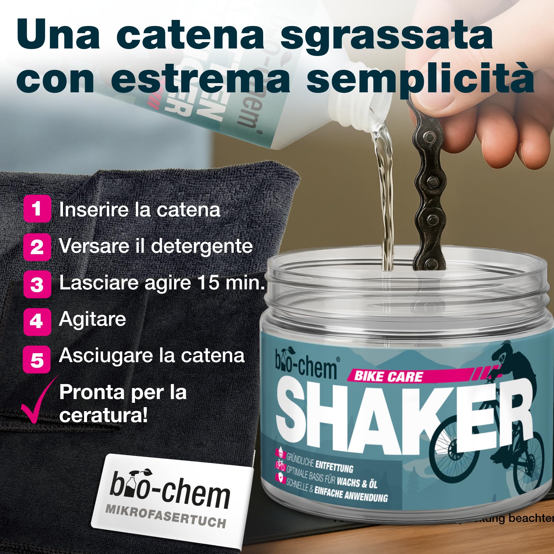 bio-chem Sistema di lubrificazione a cera per catene: 7 prodotti per bici | Sgrassante per MTB 1L - Cera liquida per catene di bici 100ml - Accessori per bicicletta shaker + panno + 3 spazzole