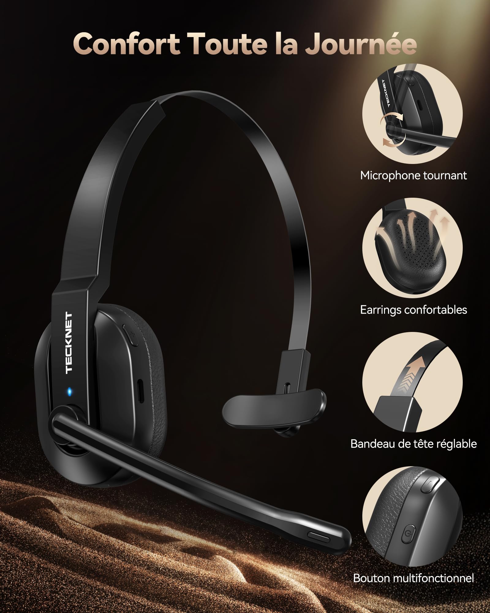 TECKNET Casque Bluetooth V5.2 avec microphone, casque sans fil avec station de charge, MIC ENC Casque PC, dongle USB, casque supra-auriculaire sans fil pour camionneur/centre d'appel/bureau – Batterie