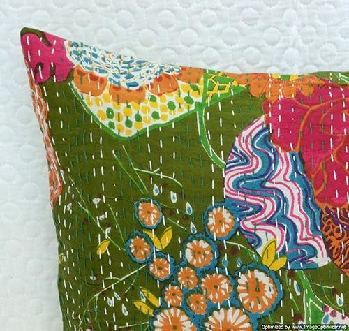 Miniatura 10 de Funda decorativa chic bohemia hippie para sofá, funda de almohada hecha a mano con frutas de algodón Kantha, fundas de almohada bohemias (verde