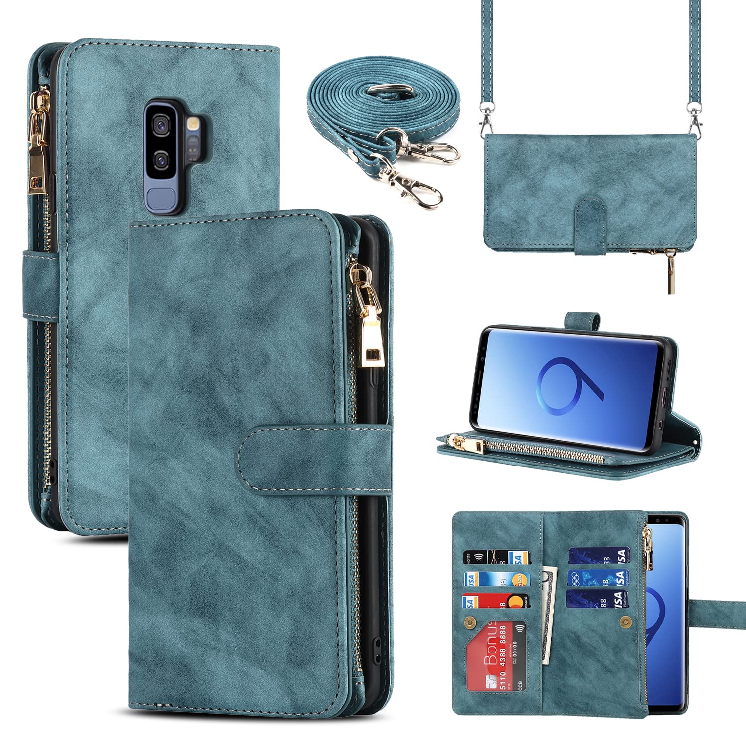 SailorTech Samsung Galaxy S9 Plus Case, Wallet Case 9 Card Holder 1 Zipper Coin Wallet 2 Cash Slot Lanyard Flip Leather Cover Compatible with Galaxy S9 Plus Blue