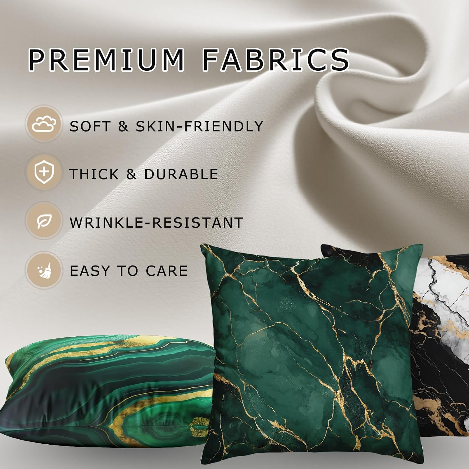 Marble Throw Pillow Covers 18x18 - Emerald Green Gold Abstract Modern Pillow Cases Set of 2 Double Sided Print, Soft Sofa Pillowcases for Living Room Decor #M081