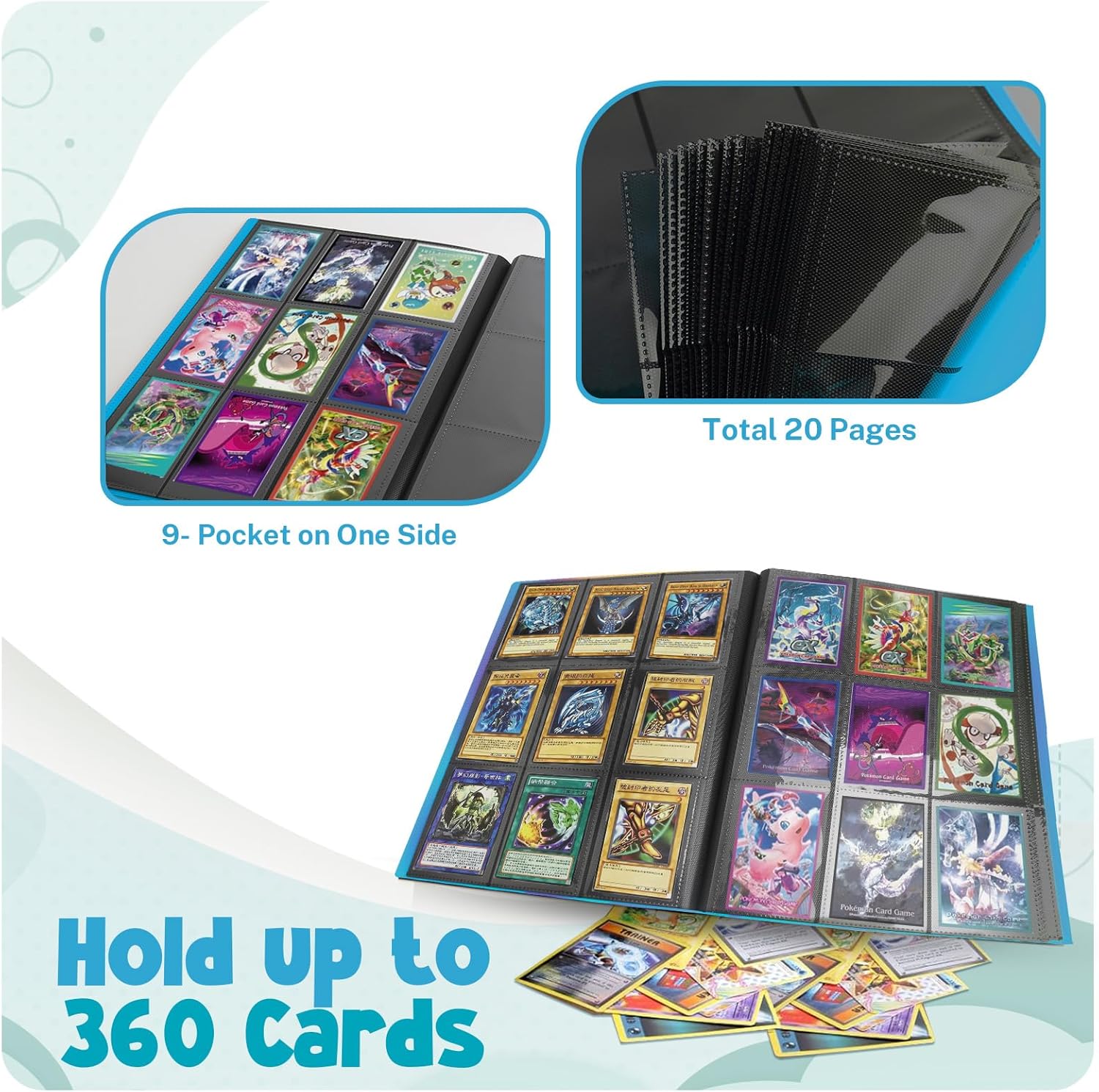 Card Binder, 9 Pocket Trading Card Album Folder,20 Pages, 360 Card Capacity Sports Card Binder, Premium Card Binders Compatible with MTG, TCG, Baseball Cards (Mark Blue)