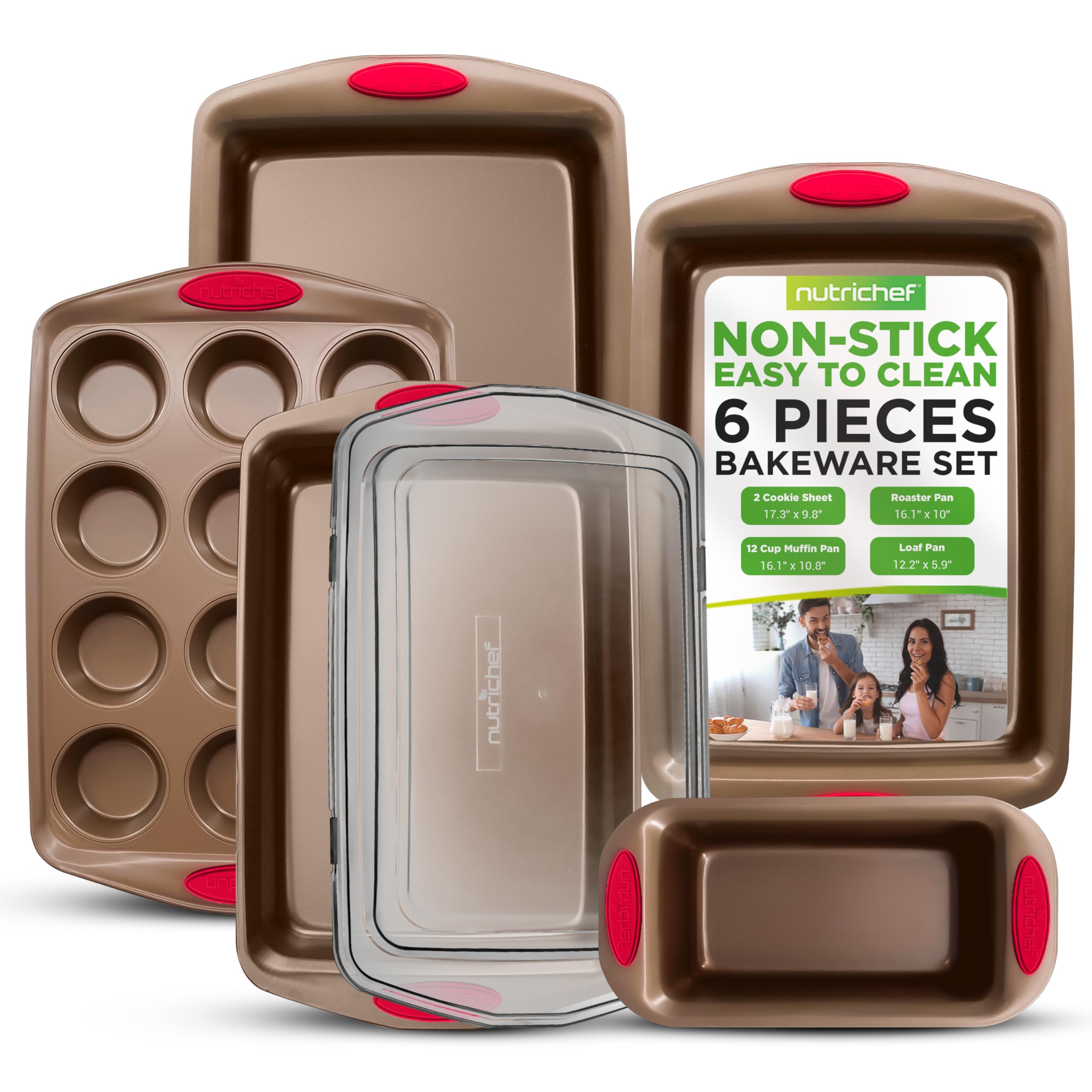 NutriChef 6-Piece Baking Pan Set - PFOA, PFOS, PTFE Free Flexible Nonstick Golden Coating Carbon Steel Bakeware - Professional Home Kitchen Bake Cookie Sheet Stackable Tray w/Red Silicone Handles
