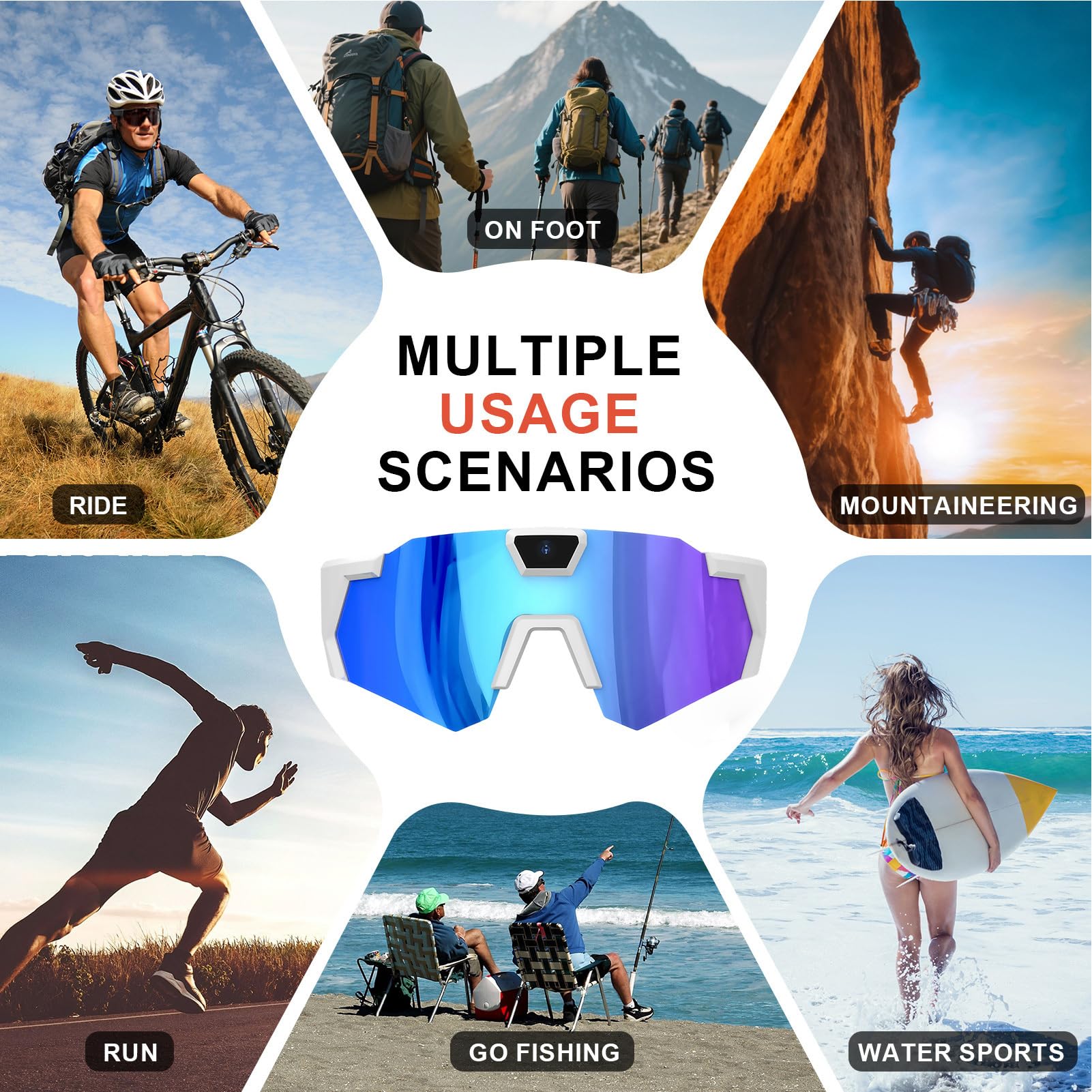 Lunettes De Caméra 1080P pour Le Cyclisme, Lunettes De Soleil avec Caméra, Audio Et Vidéo, pour Cyclistes, Snowboarders, Randonneurs, Vloggers, Course, Ski, Camping, Pêche