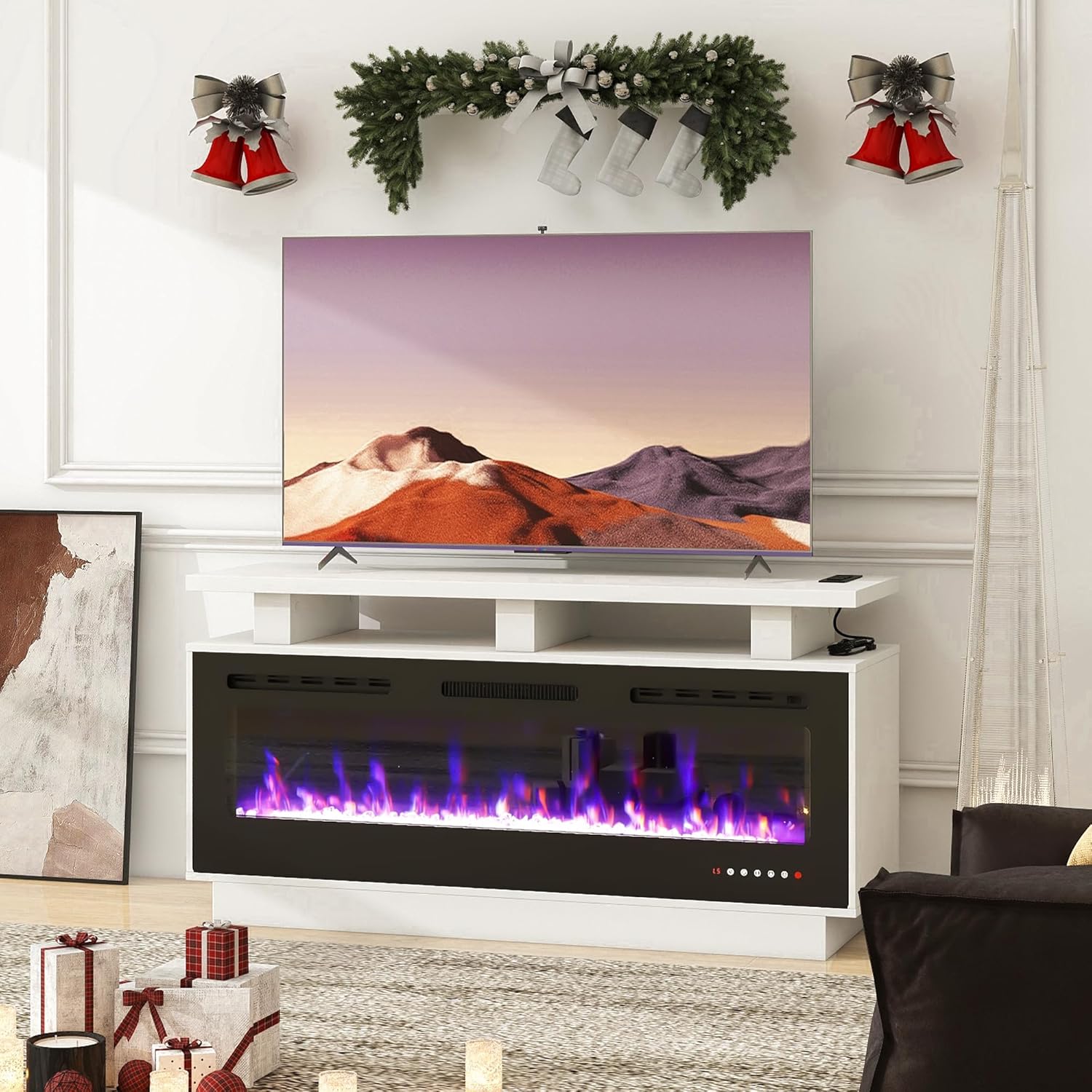 Fireplace TV Stand with 50" Smart Electric Fireplace, Solid Wood Fire Place with Mantel, Modern Fireplace Cabinet with Socket for Living Room Farmhouse Entertainment Center White, (50 inch, WiFi)