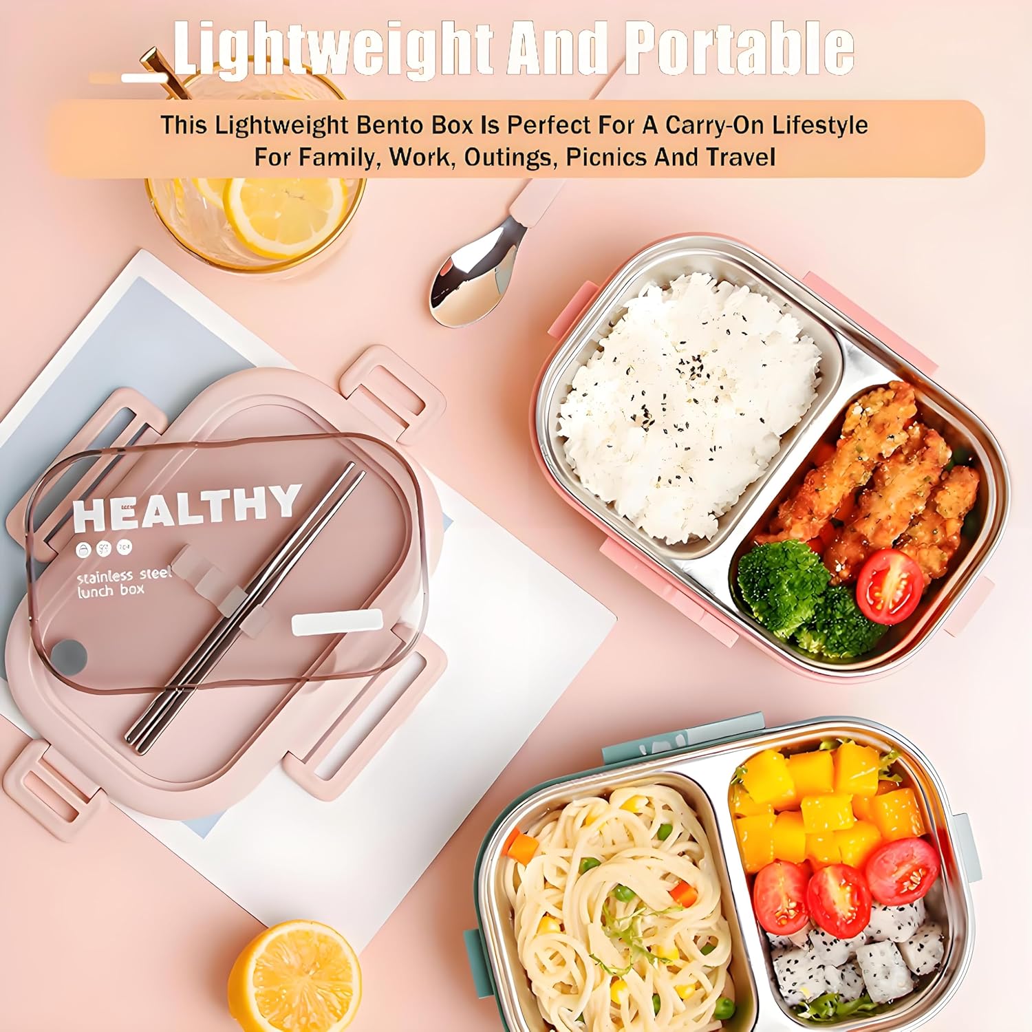 Stainless Steel Lunch Box, 2 Compartment Bento Box for Adults, Easy to Clean, Leak-Proof Design, Food Storage Container with Tableware for Family, Work, Picnics and Travel(850ml, Pink) - Image 3