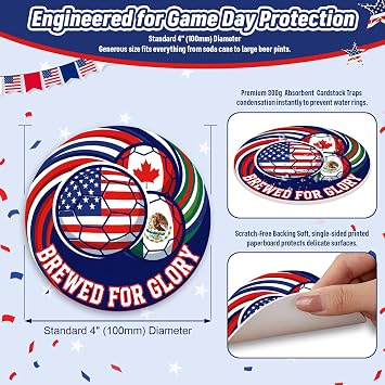 48 Pack 2mm Thick Soccer Coasters, Absorbent Gameday Drink Mats for Watch Parties, Fan Gatherings Tailgating, Soccer Party Favors (Brewed for Glory)
